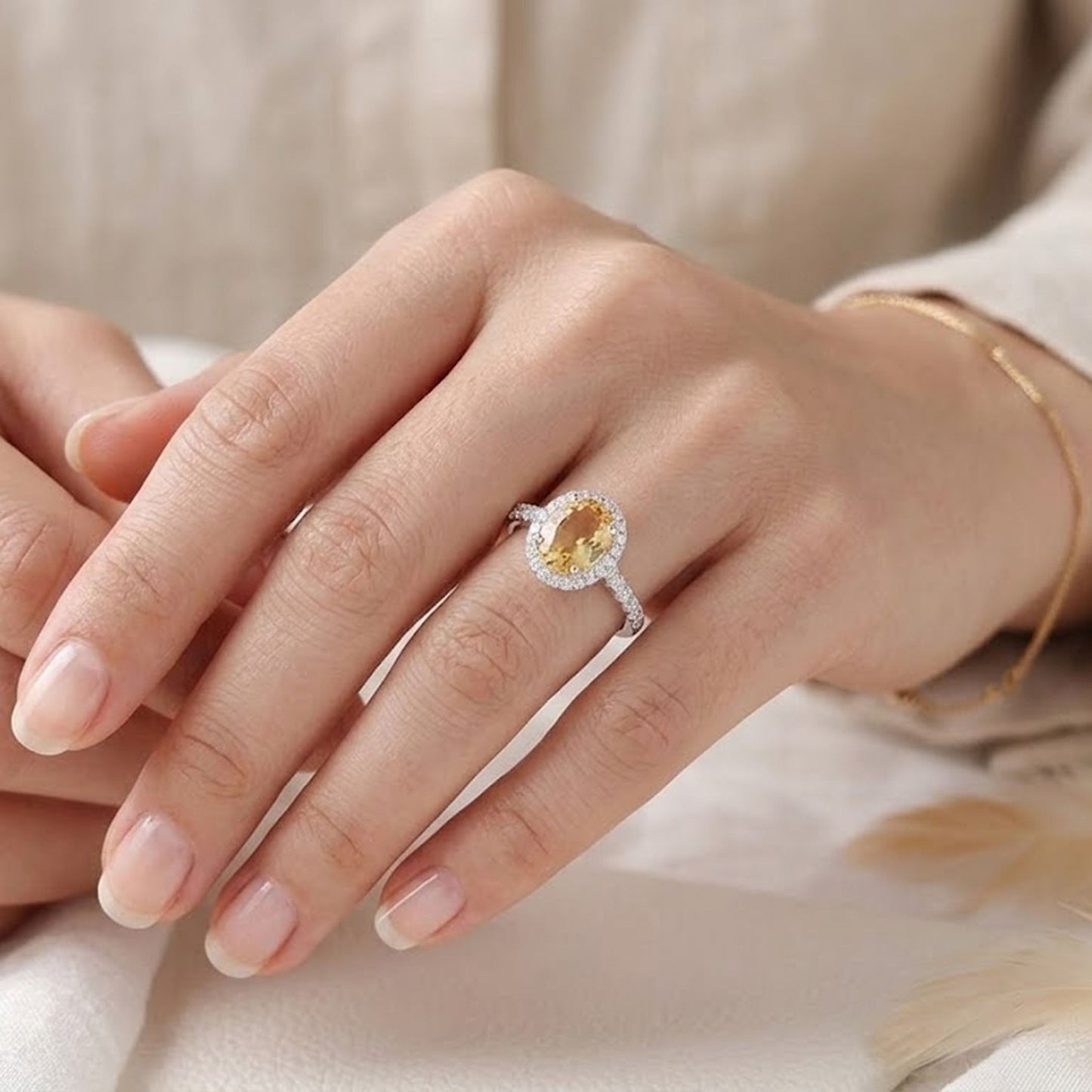 Citrine Halo Engagement Ring – Oval Cut Golden Gemstone Ring for Women