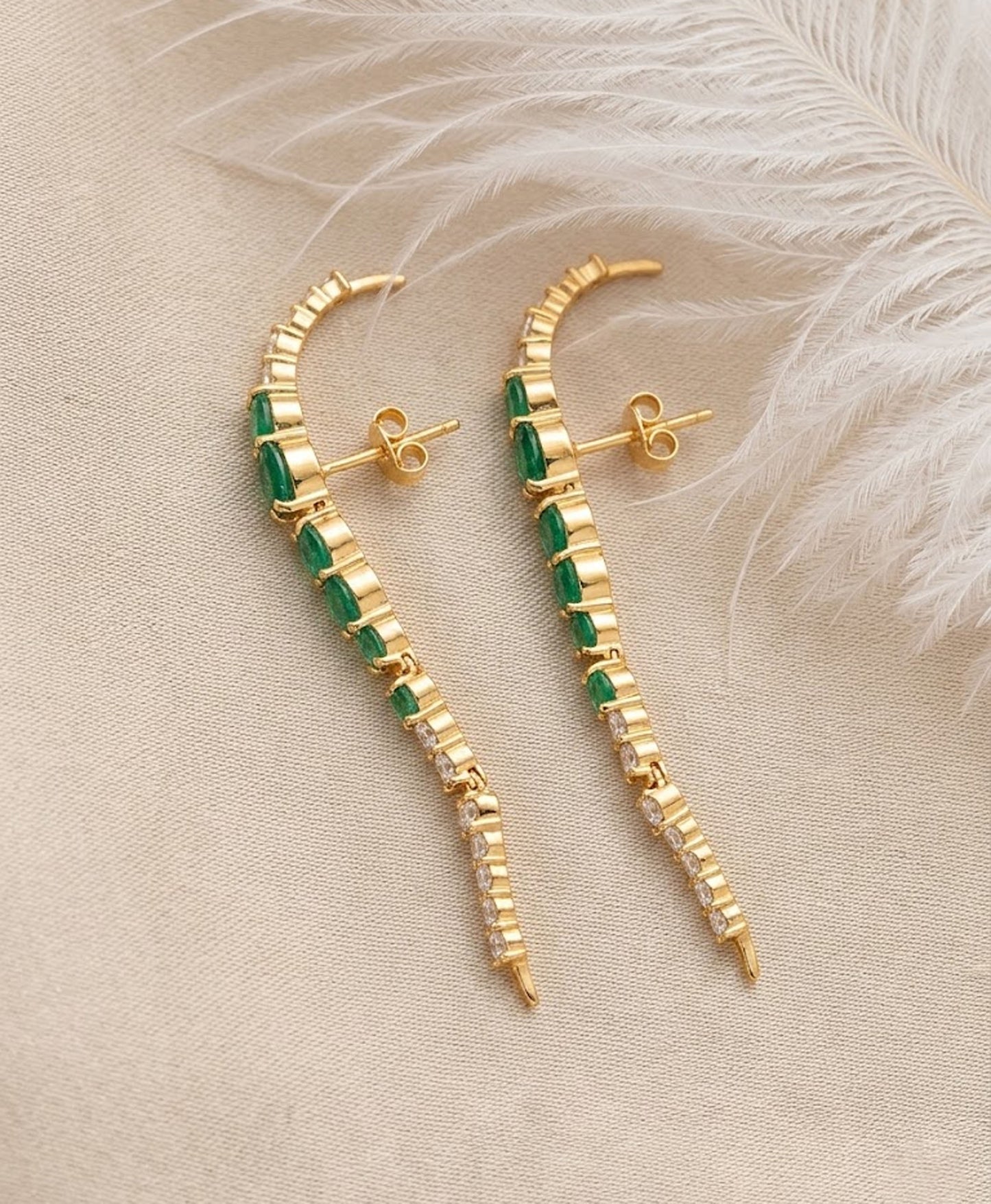 Green Emerald Ear Climbers with Moissanite – Elegant Gemstone Crawler Earrings