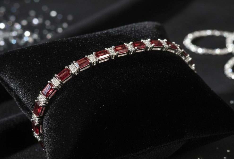 Garnet & Moissanite Tennis Bracelet in Sterling Silver