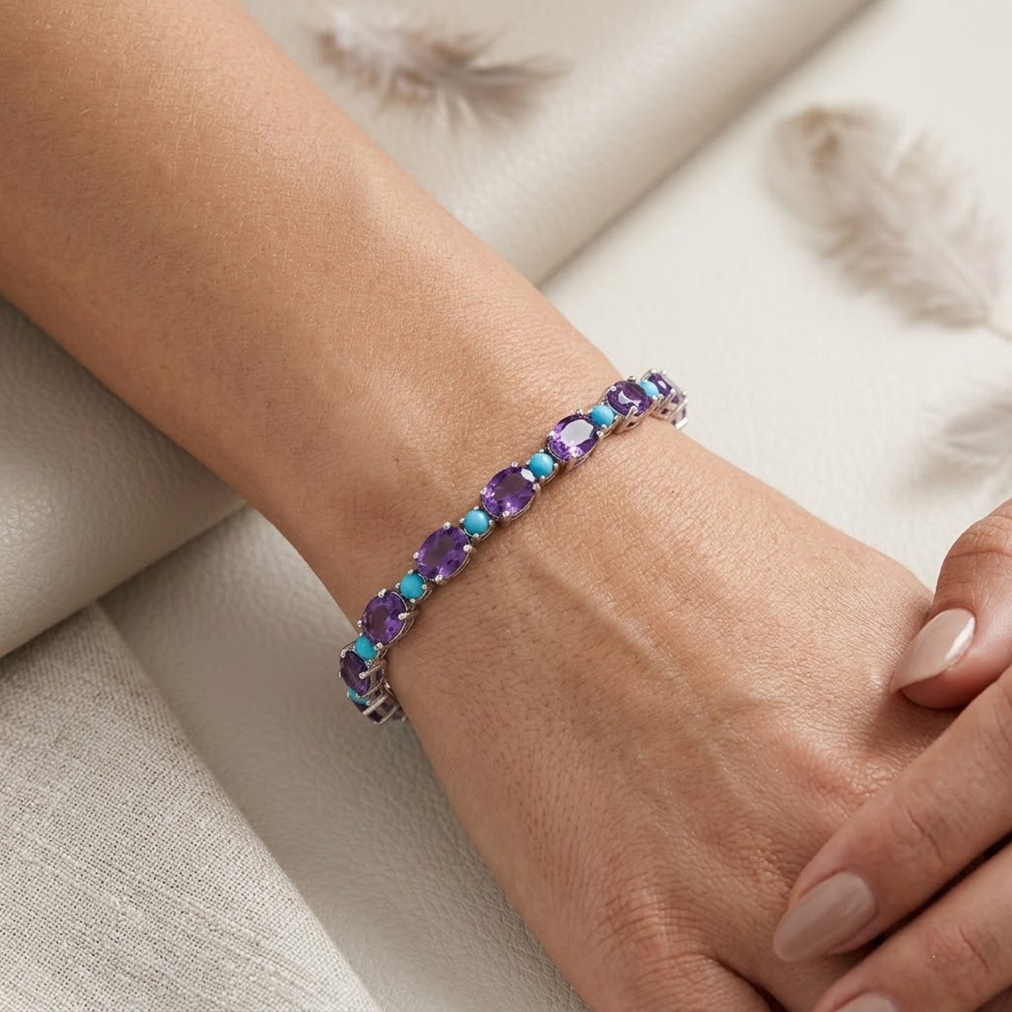 Natural Amethyst & Turquoise Tennis Bracelet – Gemstone Jewelry for Women