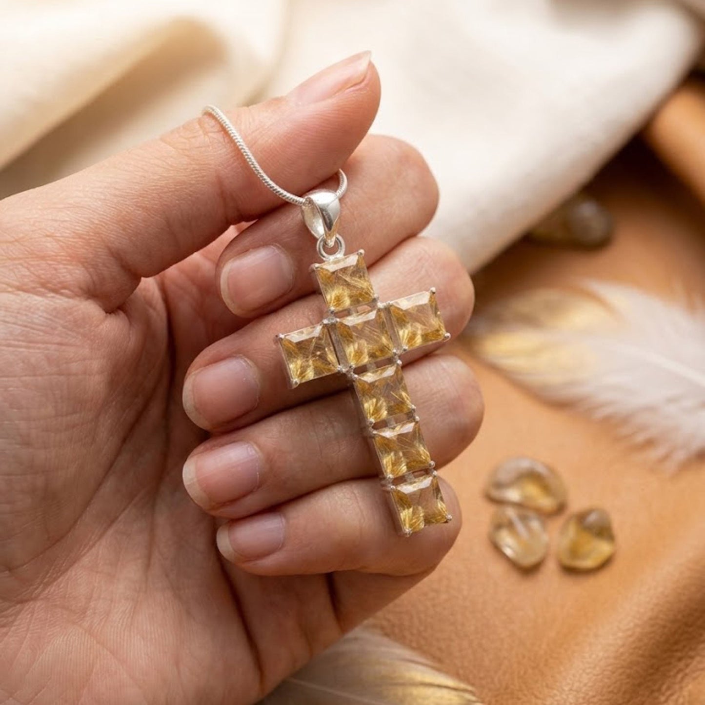 Natural Citrine Cross Necklace – Yellow Gemstone Pendant Jewelry for Women