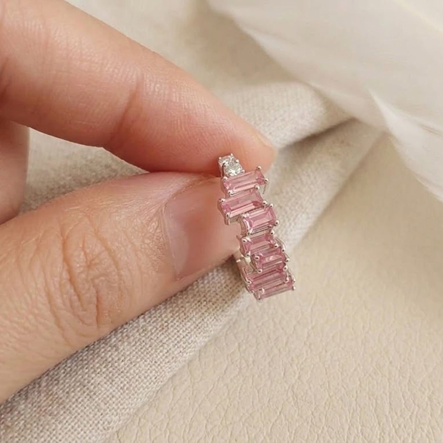 Pink Topaz & Moissanite Baguette Hoop Earrings – Graduated Gemstone Huggies for Women
