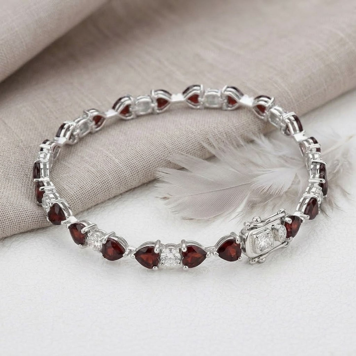 Romantic Garnet & Moissanite Heart Tennis Bracelet – Handmade Gemstone Jewelry
