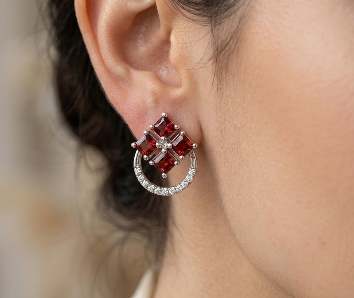 Natural Garnet & Moissanite Stud Earrings – Square Gemstone Jewelry for Women