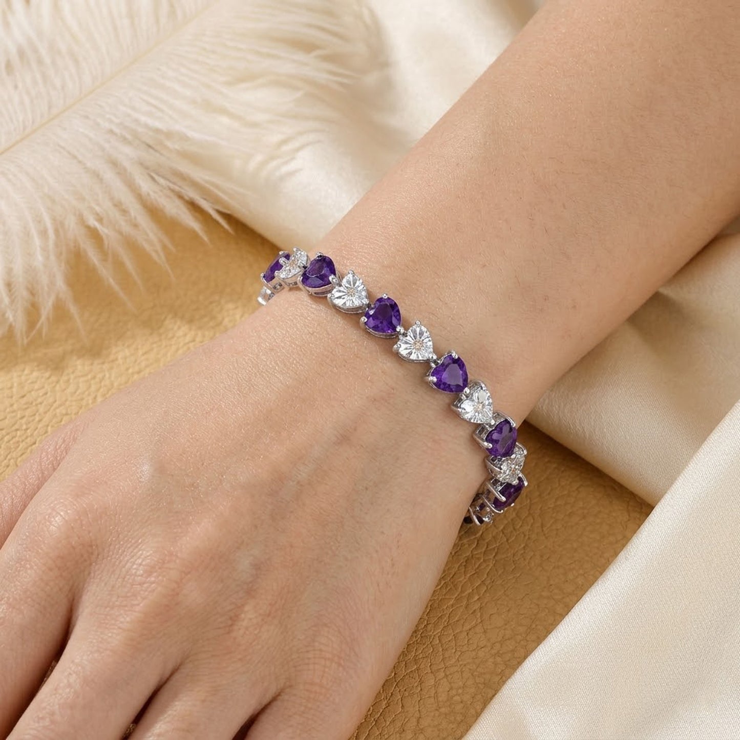 Natural Amethyst & Moissanite Heart Tennis Bracelet – Romantic Gemstone Jewelry for Women