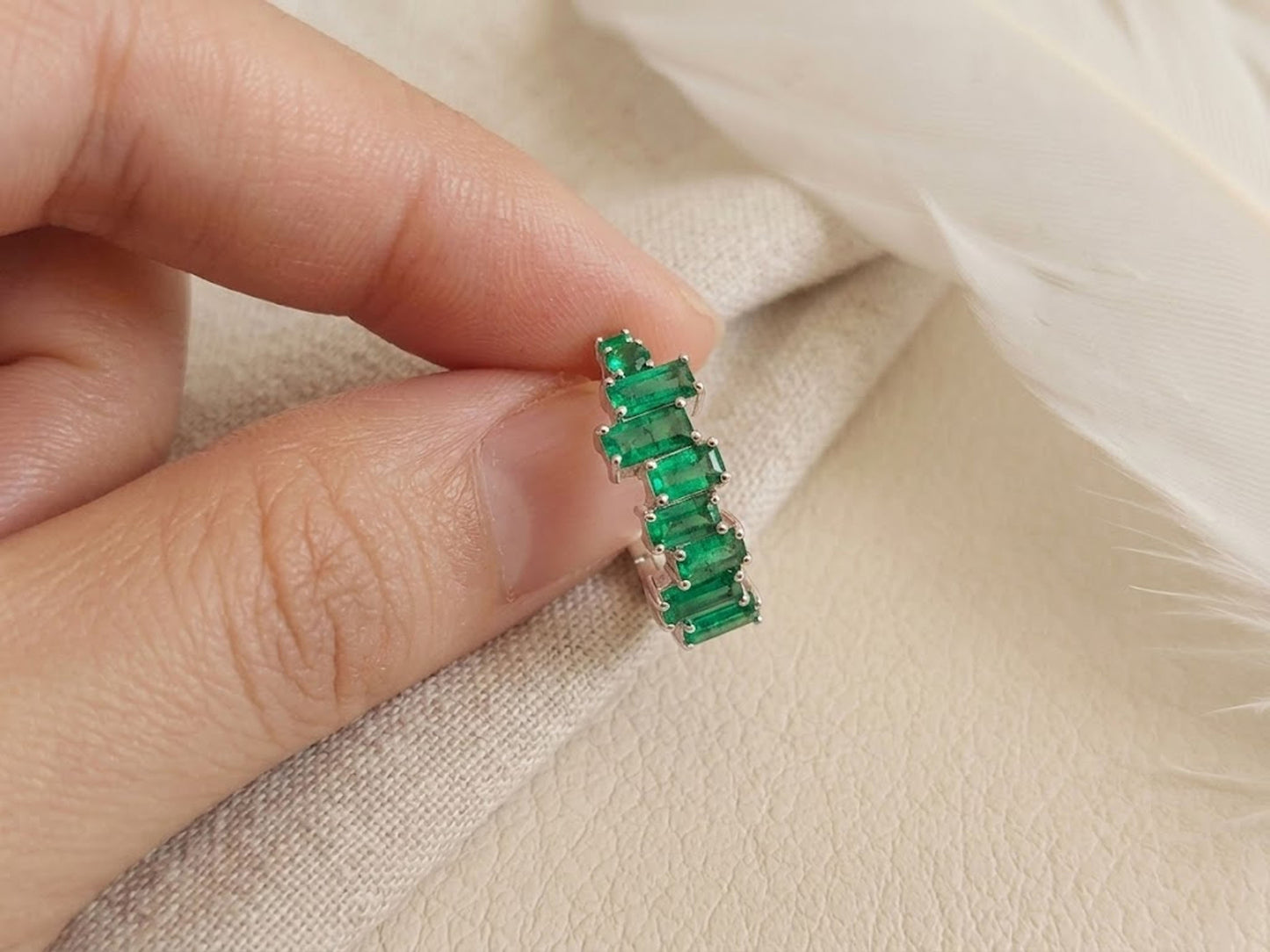 Emerald & Moissanite Baguette Hoop Earrings – Green Gemstone Huggies for Women