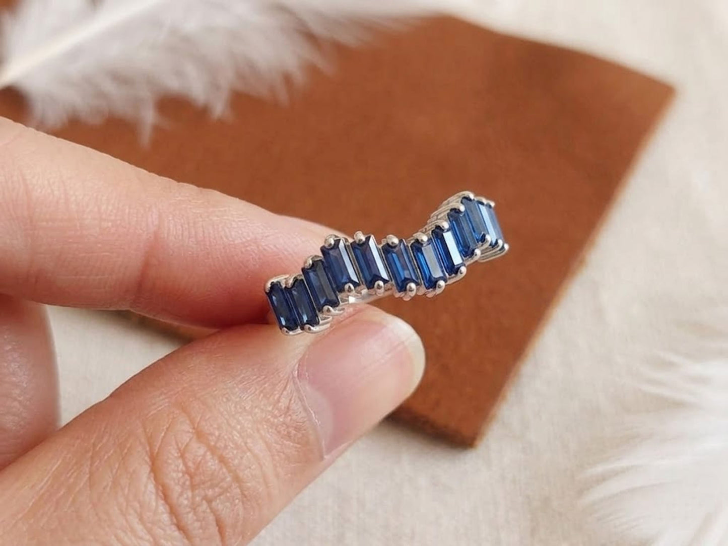 Blue Sapphire Baguette Half Eternity Ring – Curved Chevron Gemstone Band for Women