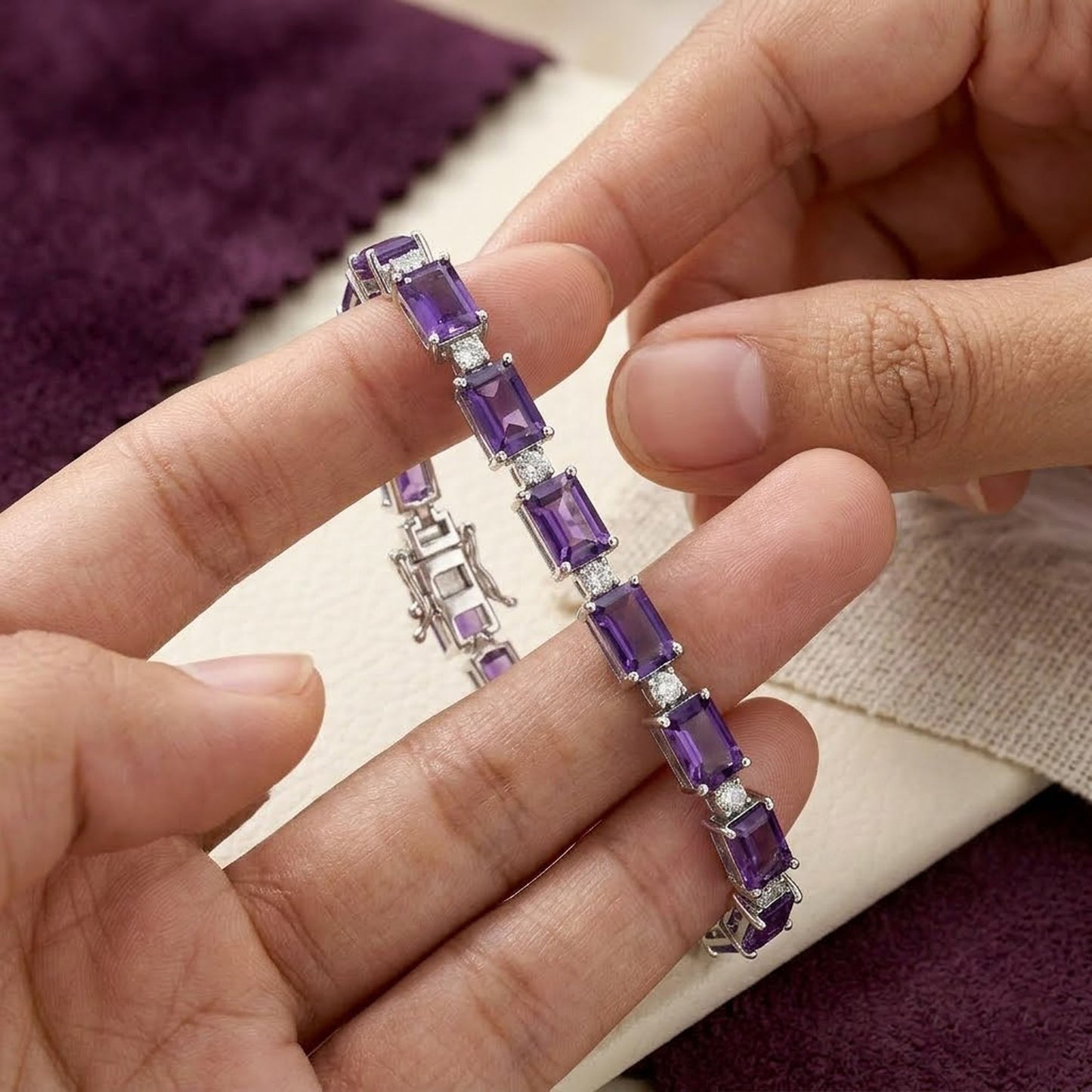 Natural Amethyst & Moissanite Tennis Bracelet – Octagon Cut Gemstone Jewelry for Women
