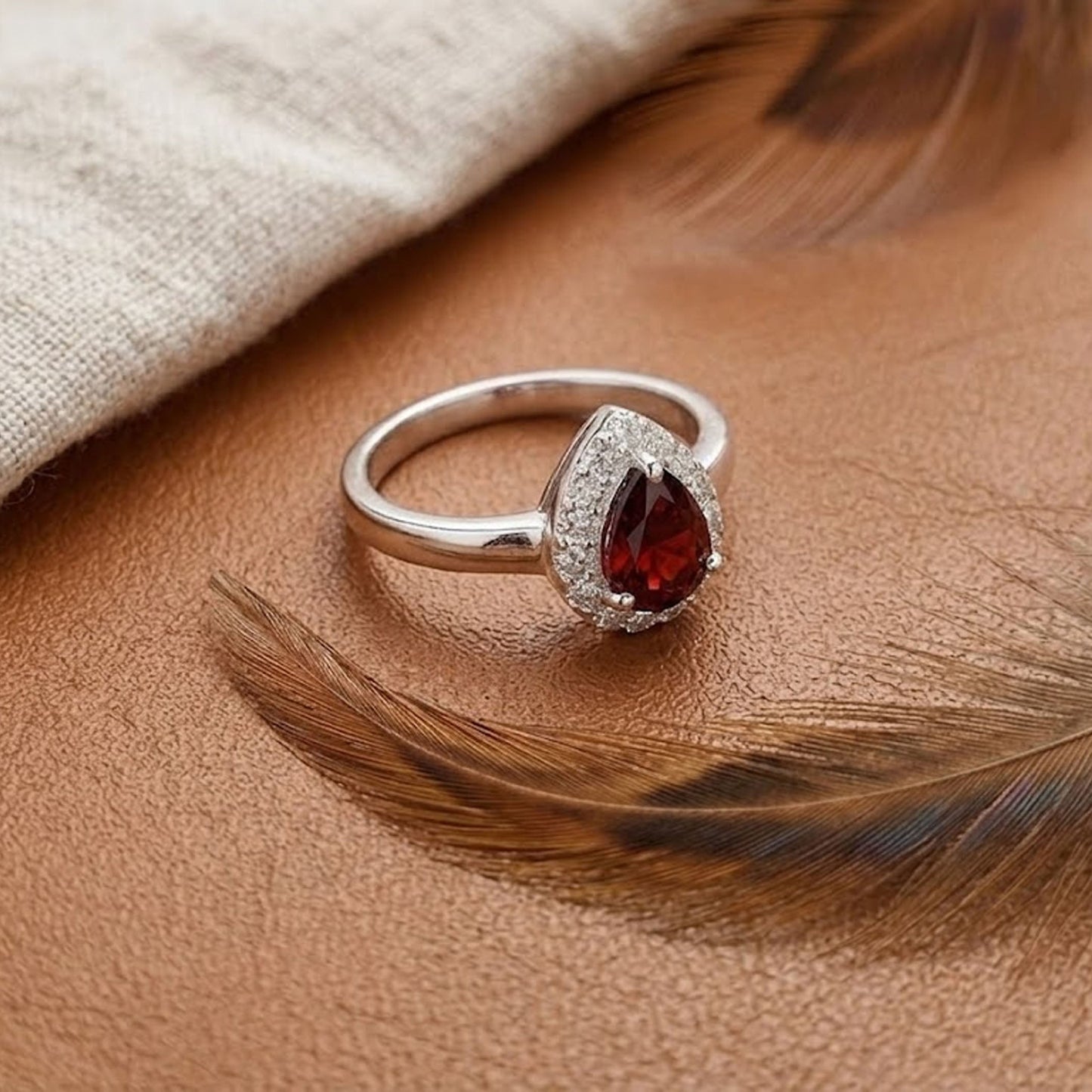 Natural Garnet Halo Engagement Ring – Pear Cut Vintage Bridal Ring for Women