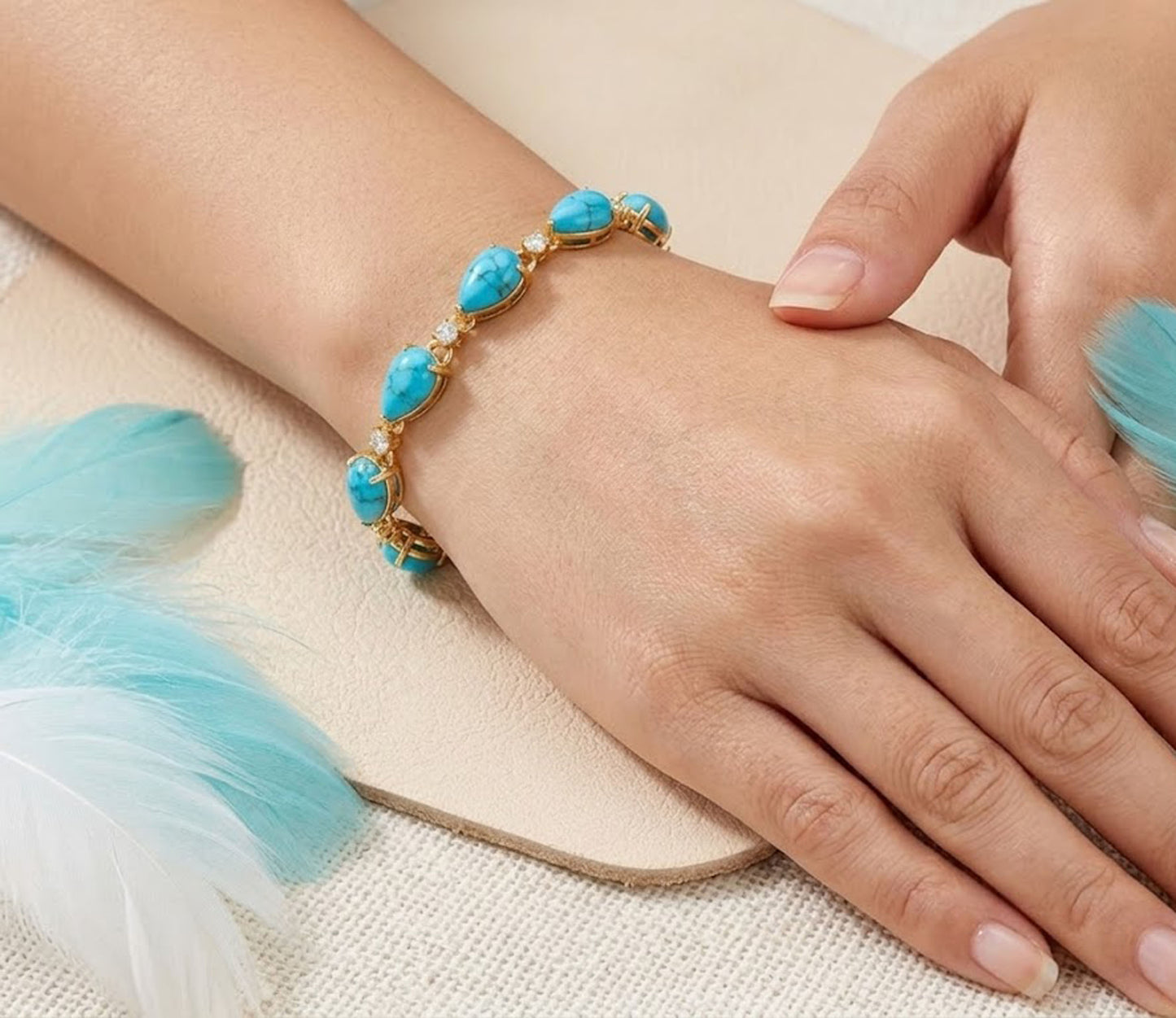 Natural Turquoise & Moissanite Tennis Bracelet – Bohemian Gemstone Link Bracelet for Women
