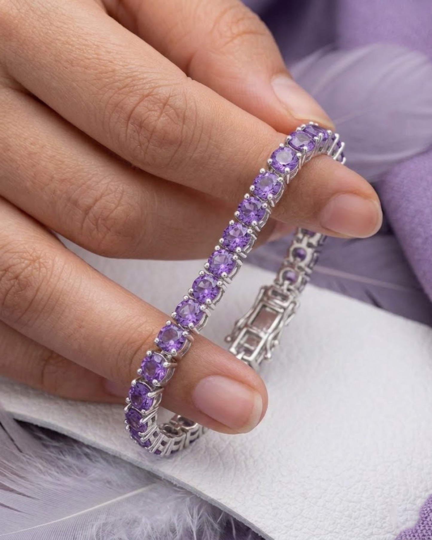 Natural Amethyst Tennis Bracelet – Round Gemstone Jewelry for Women
