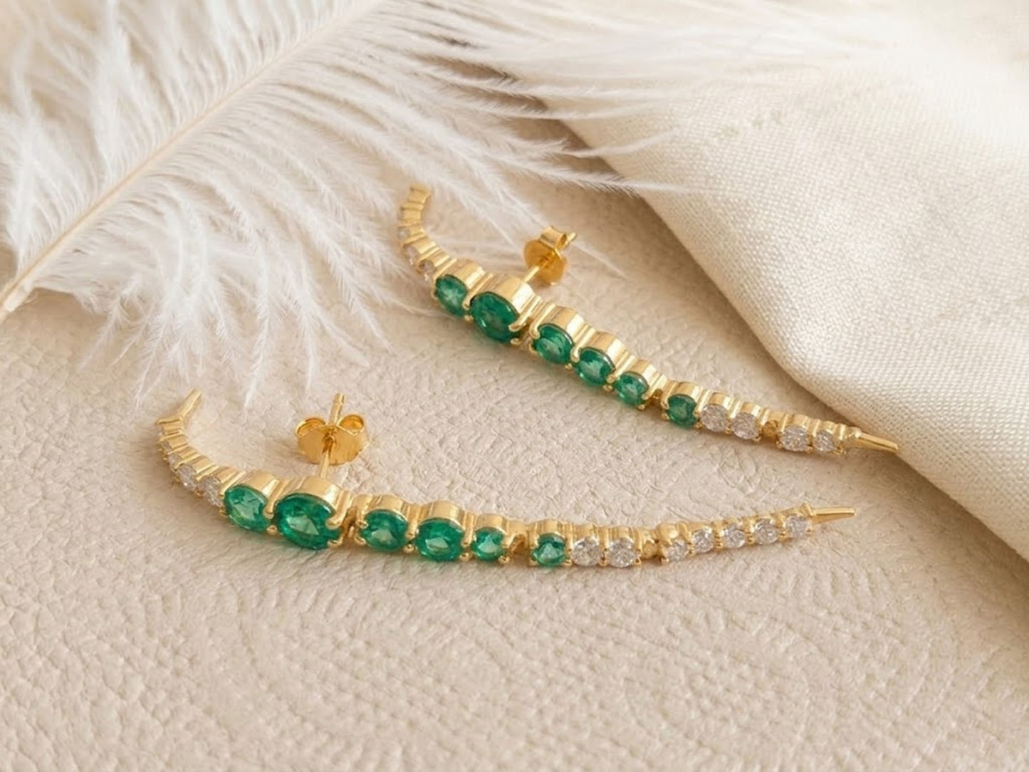 Green Emerald Ear Climbers with Moissanite – Elegant Gemstone Crawler Earrings