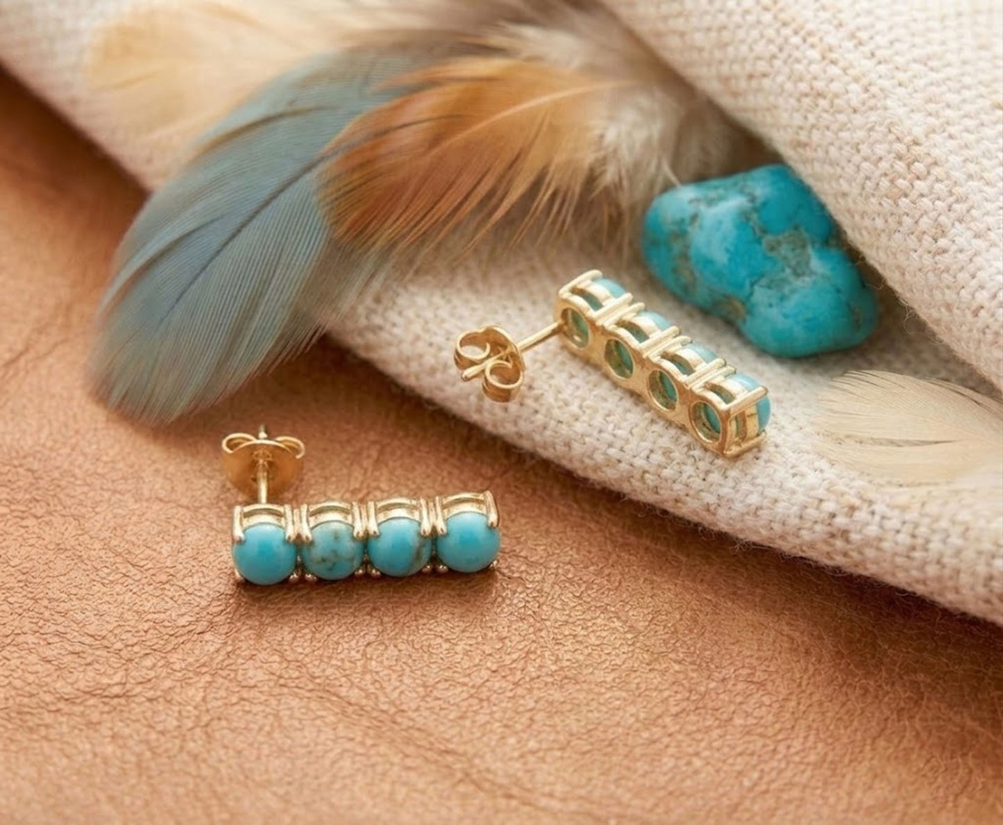 Natural Turquoise Linear Drop Earrings – Gold Bar Stud Jewelry for Women