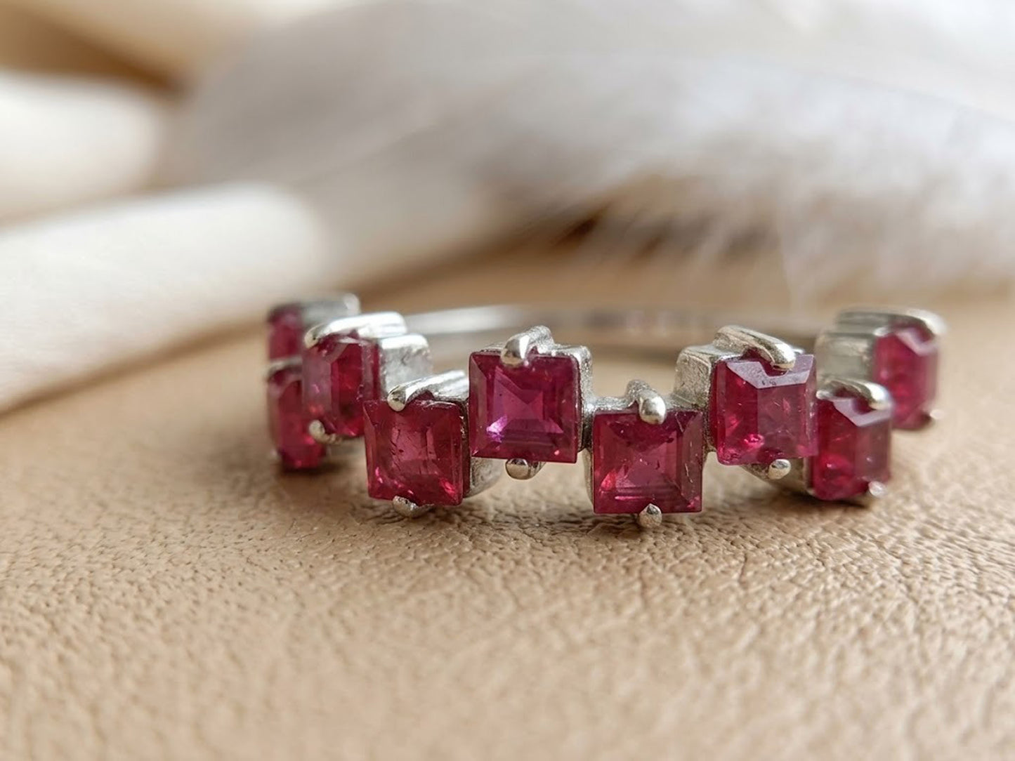 Natural Ruby Eternity Ring – Square Cut Zig-Zag Gemstone Band for Women