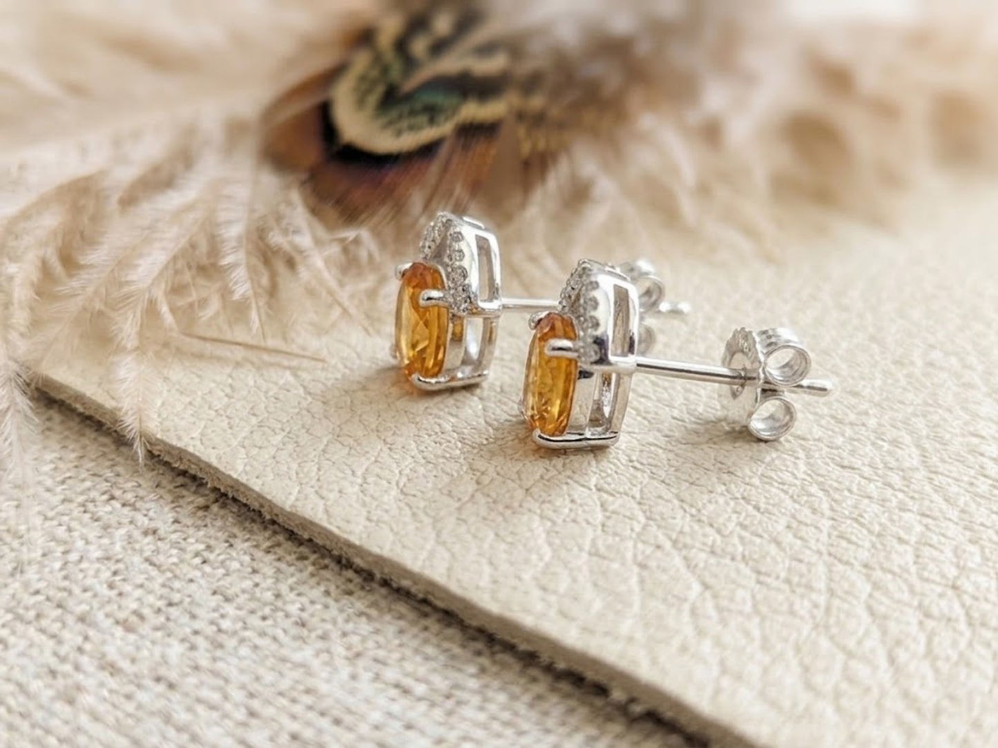 Natural Citrine & Moissanite Stud Earrings – Oval Yellow Gemstone Jewelry