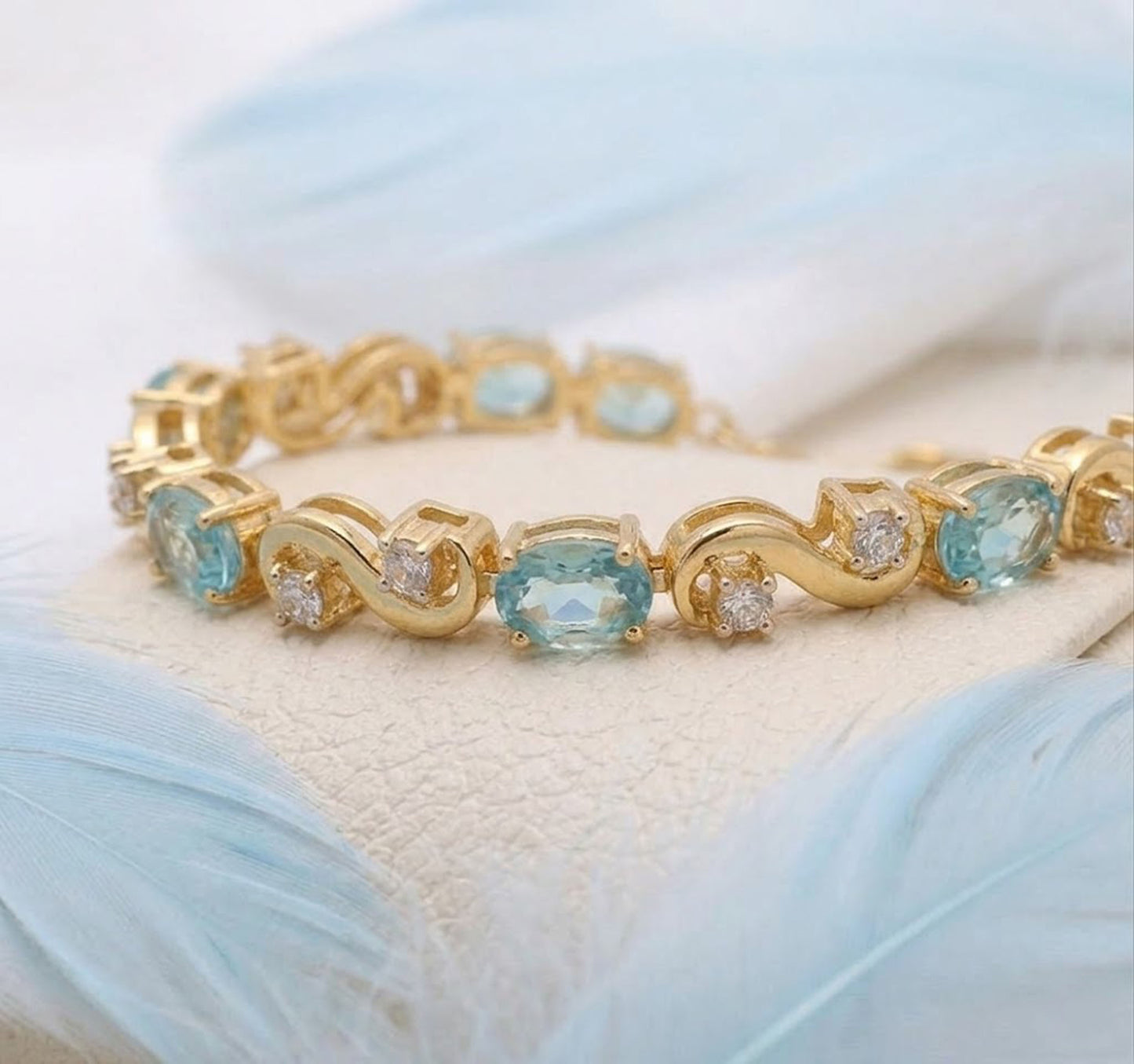 Natural Swiss Blue Topaz & Moissanite Link Bracelet – Oval Gemstone Jewelry for Women