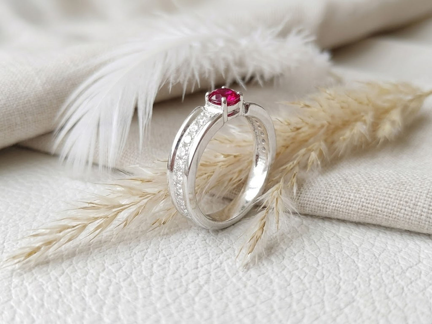 Ruby & Moissanite Wedding Band – Round Cut Vintage Anniversary Ring for Women