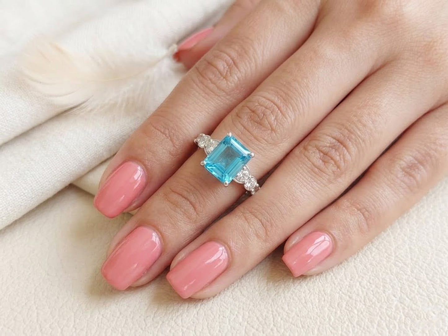Blue Topaz & Moissanite Engagement Ring – Emerald Cut Blue Gemstone Ring for Women