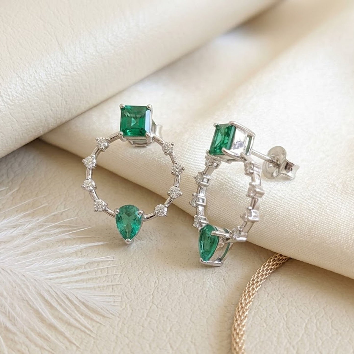 Emerald & Moissanite Halo Drop Earrings – Geometric Gemstone Jewelry for Women