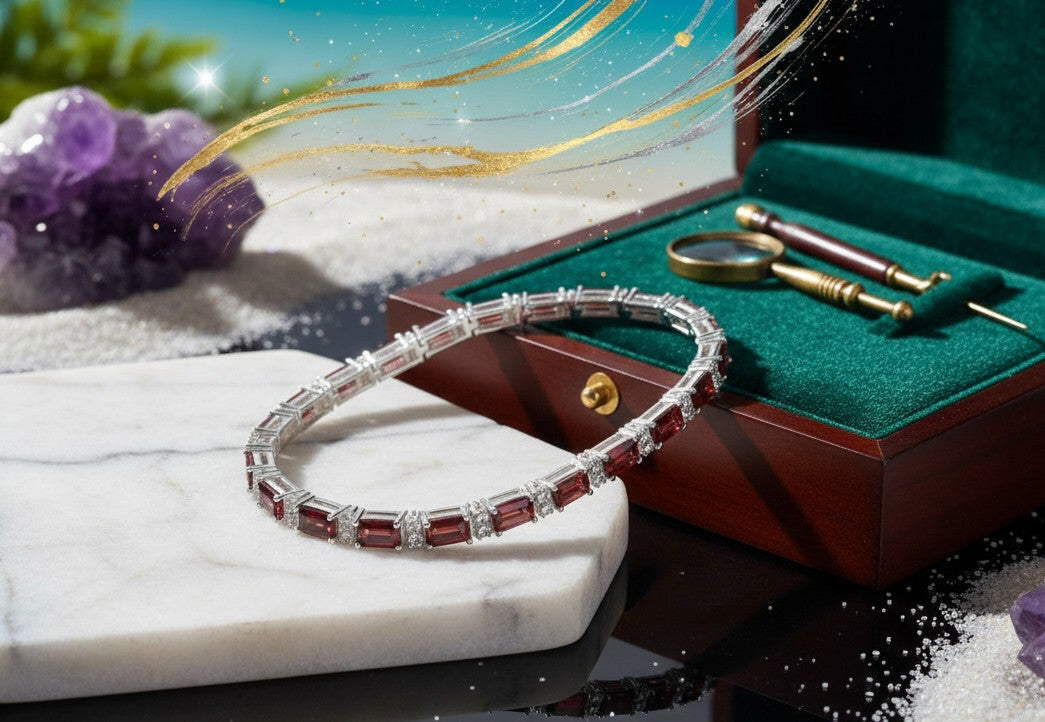 Garnet & Moissanite Tennis Bracelet in Sterling Silver