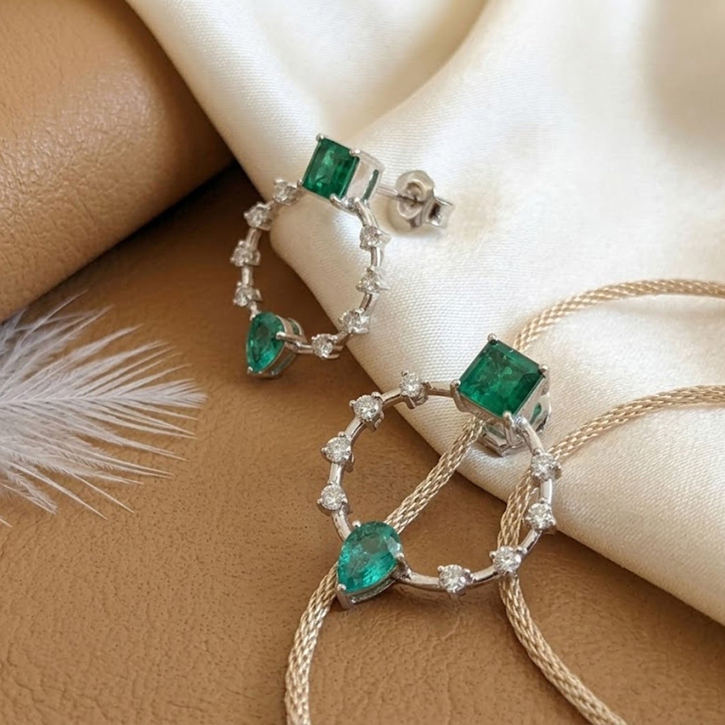 Emerald & Moissanite Halo Drop Earrings – Geometric Gemstone Jewelry for Women