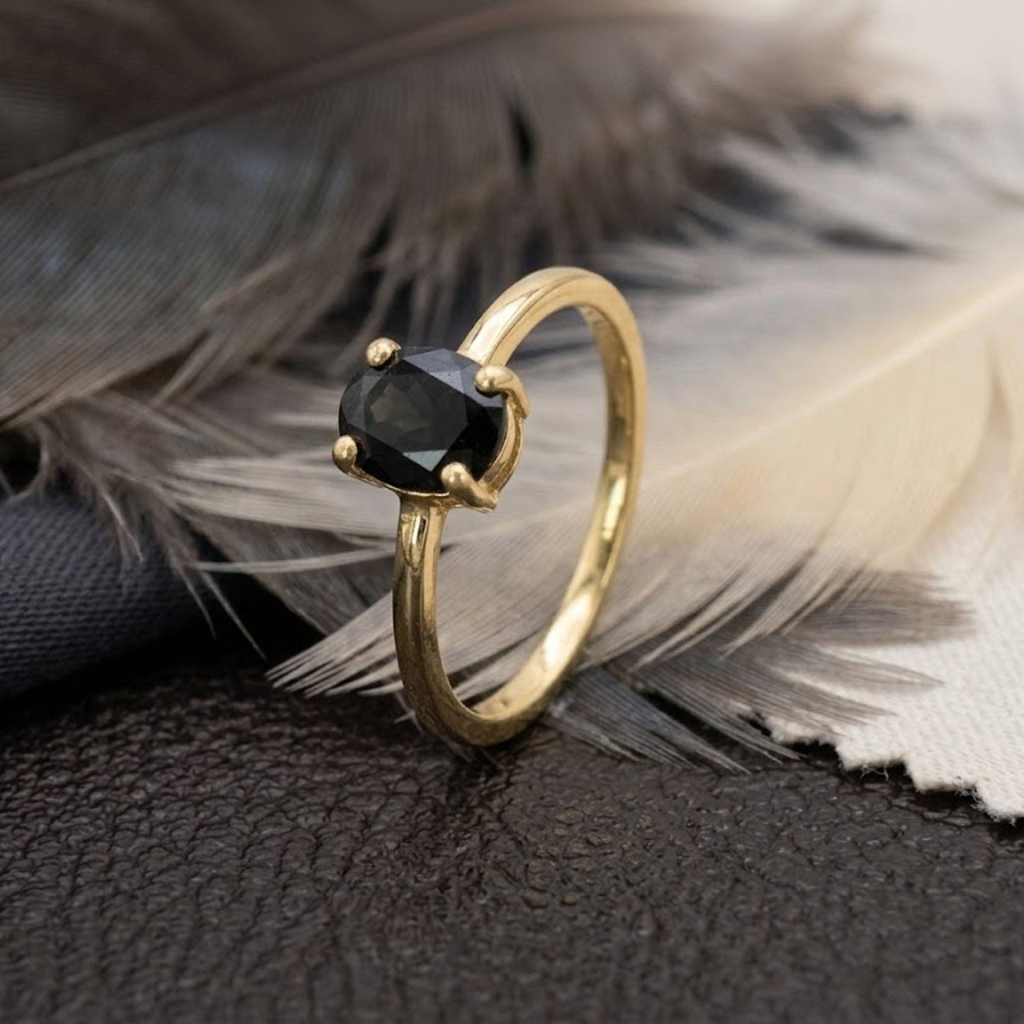 Natural Black Onyx Solitaire Band Ring  - Oval cut Vintage Anniversary Ring for Women