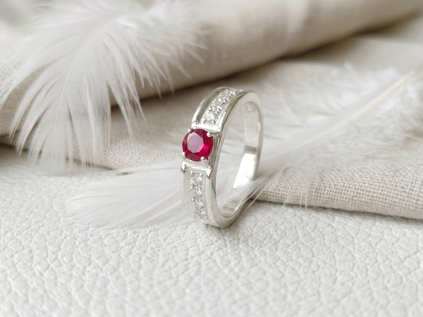 Ruby & Moissanite Wedding Band – Round Cut Vintage Anniversary Ring for Women