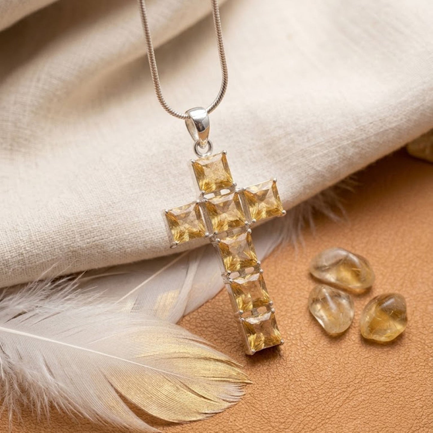 Natural Citrine Cross Necklace – Yellow Gemstone Pendant Jewelry for Women