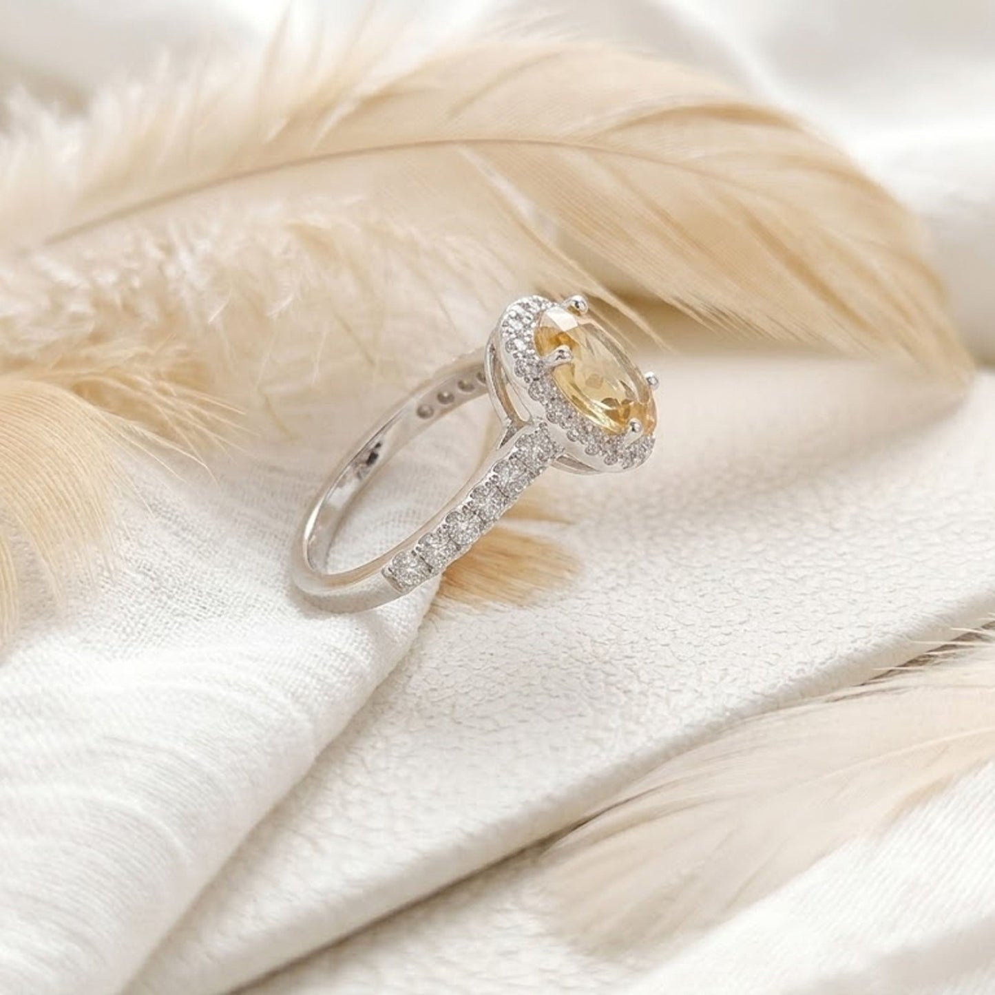Citrine Halo Engagement Ring – Oval Cut Golden Gemstone Ring for Women