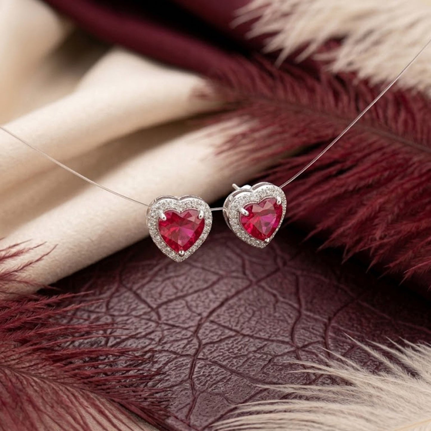 Natural Red Garnet & Moissanite Heart Halo Stud Earrings – Romantic Gemstone Jewelry for Women