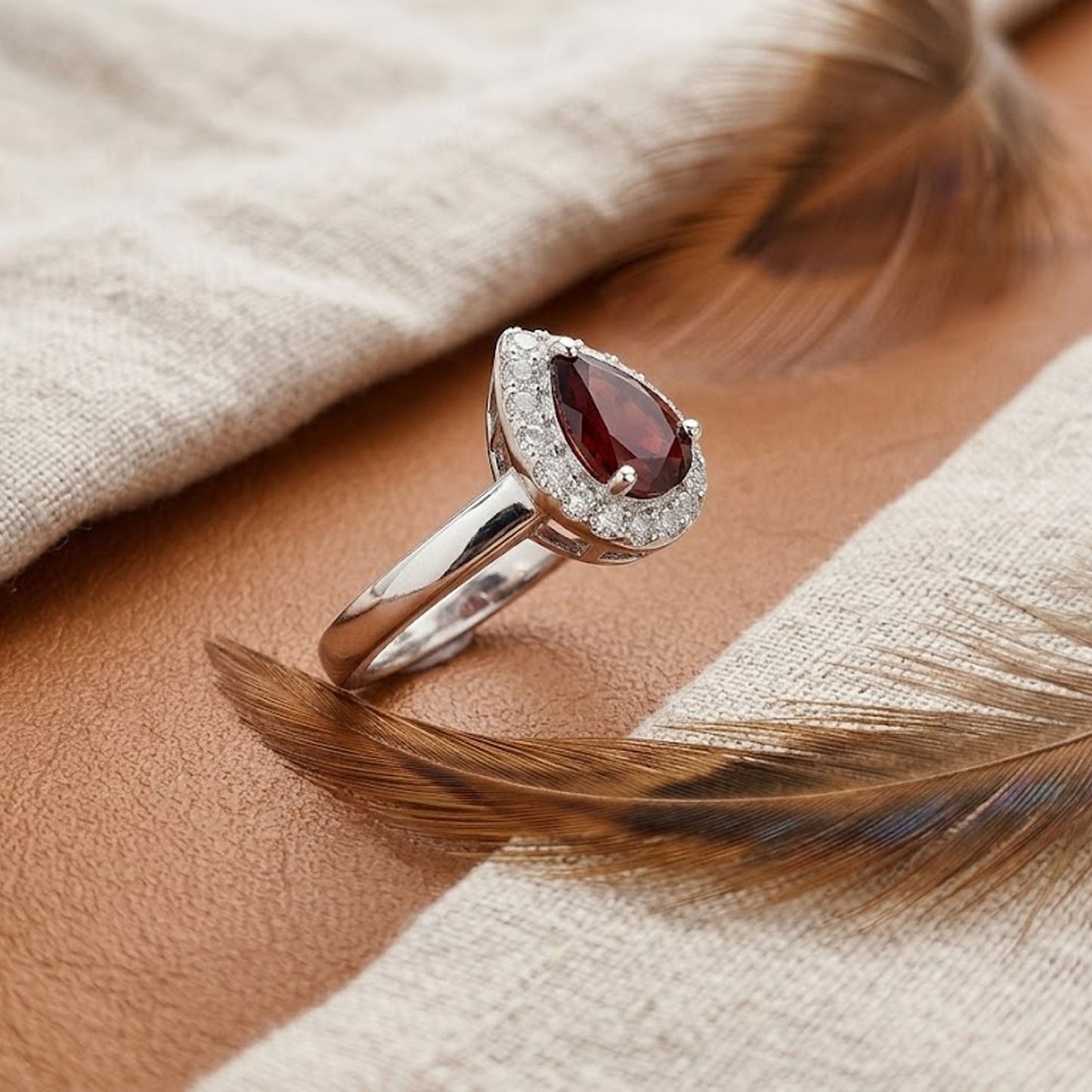 Natural Garnet Halo Engagement Ring – Pear Cut Vintage Bridal Ring for Women