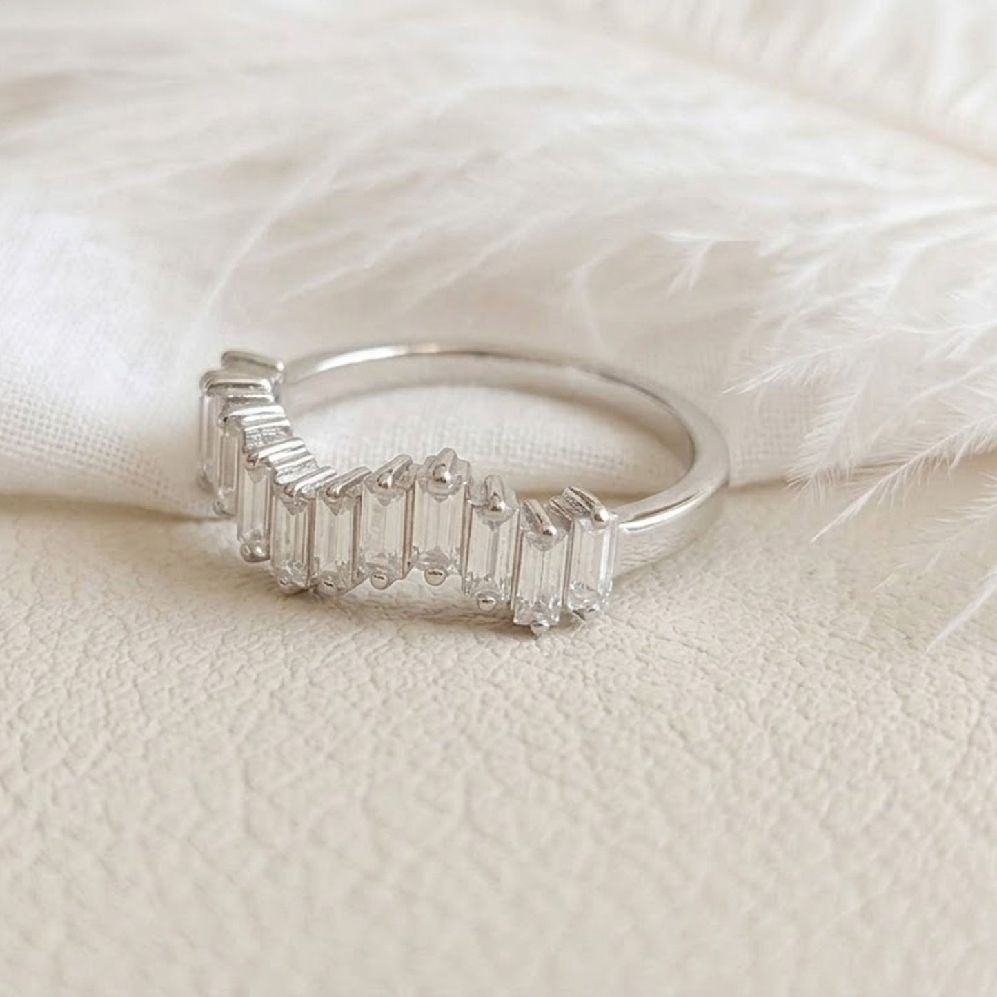 Baguette Moissanite Curved Wedding Band – Chevron Stacking Ring for Women