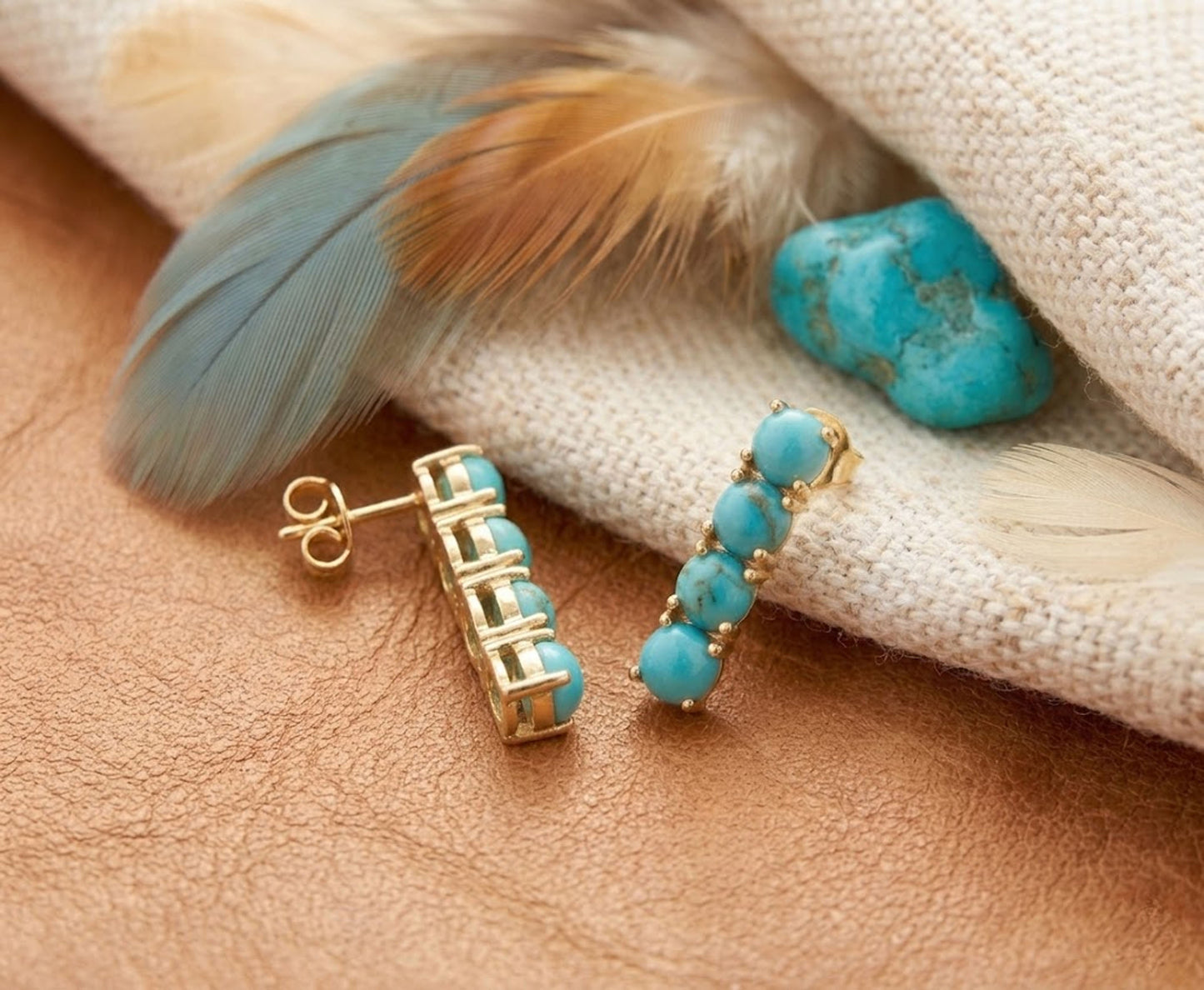 Natural Turquoise Linear Drop Earrings – Gold Bar Stud Jewelry for Women