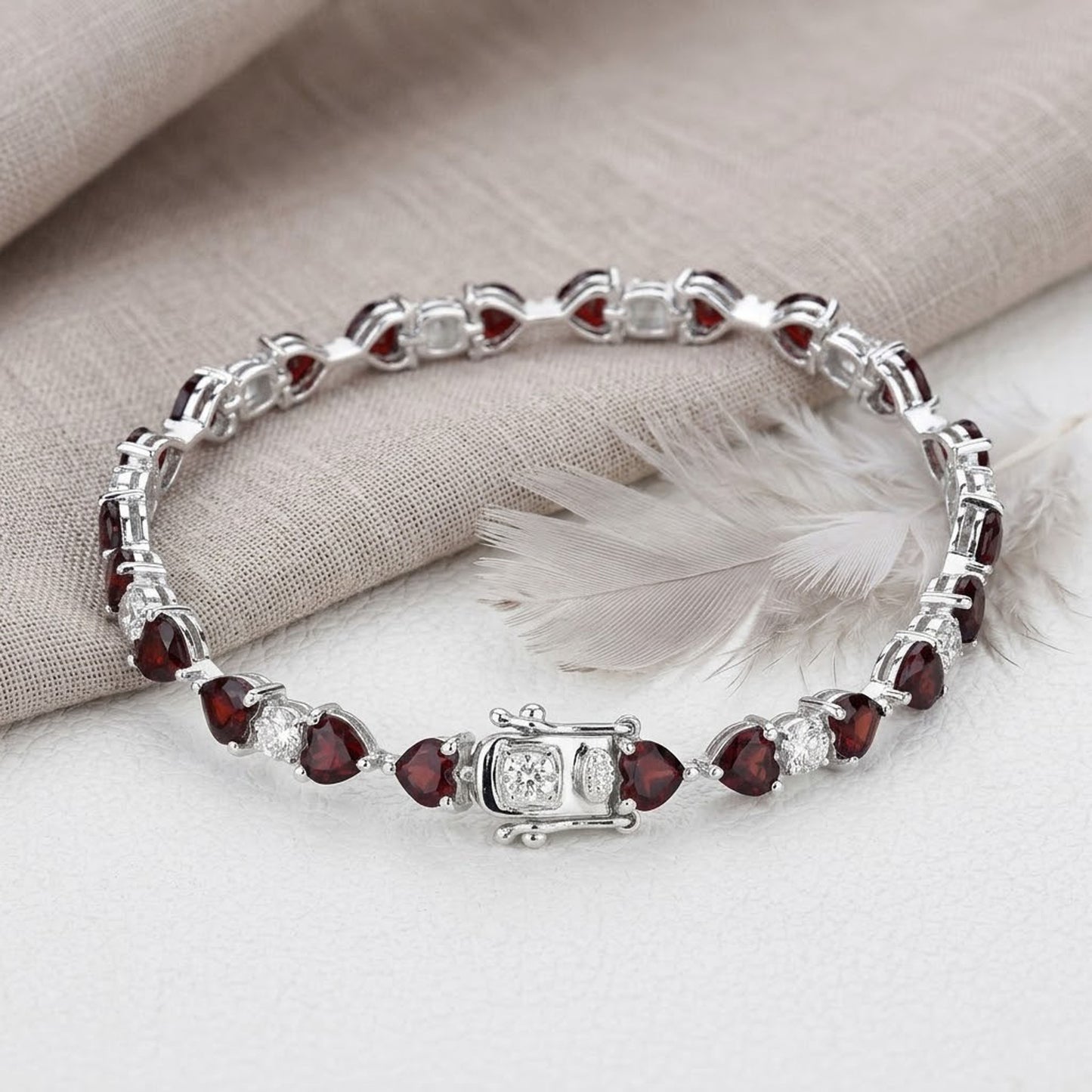 Romantic Garnet & Moissanite Heart Tennis Bracelet – Handmade Gemstone Jewelry