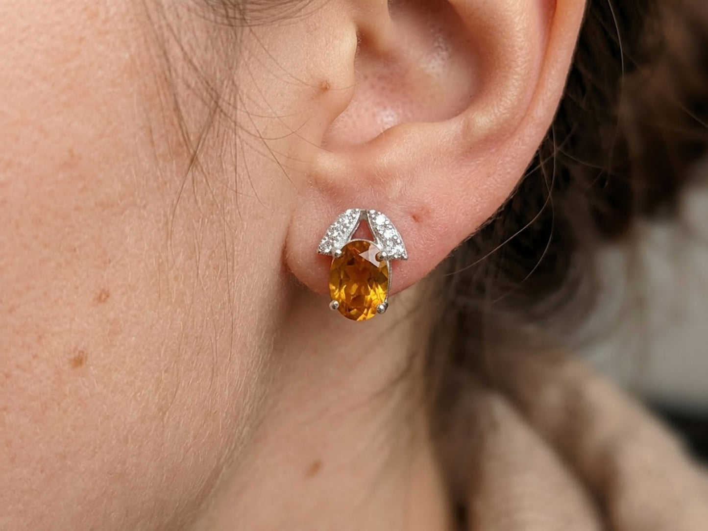 Natural Citrine & Moissanite Stud Earrings – Oval Yellow Gemstone Jewelry