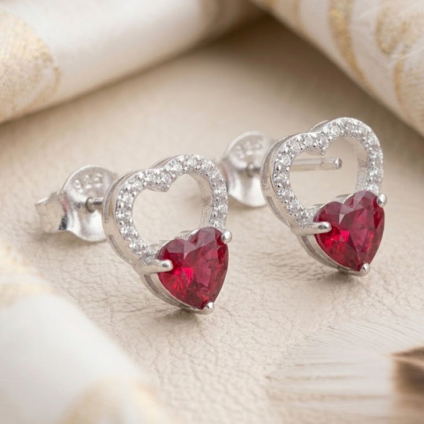 Natural Garnet & Moissanite Heart Stud Earrings – Romantic Gemstone Jewelry for Women