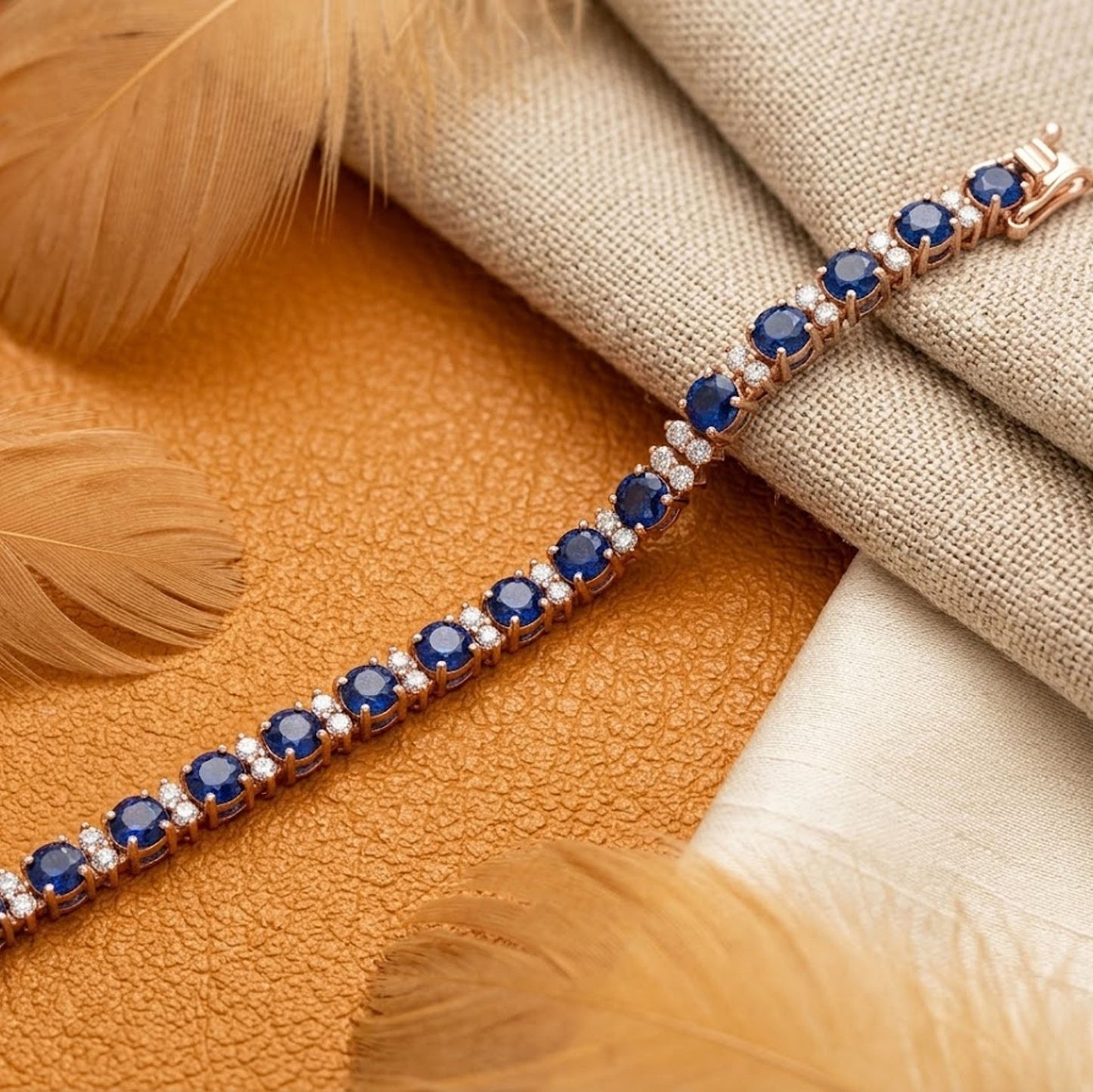 Natural Blue Sapphire Tennis Bracelet with Moissanite – Rose Gold Link Bracelet