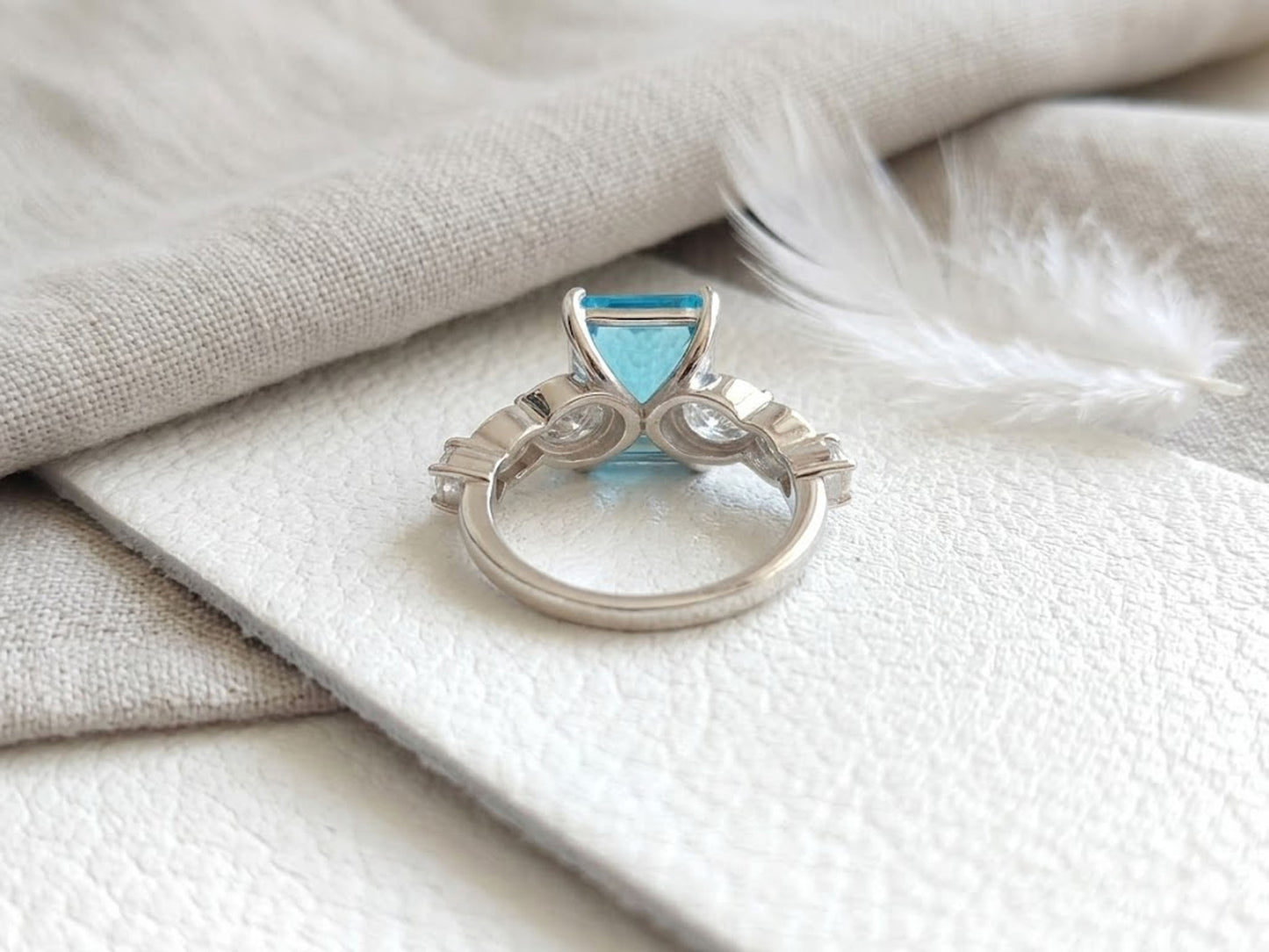 Blue Topaz & Moissanite Engagement Ring – Emerald Cut Blue Gemstone Ring for Women