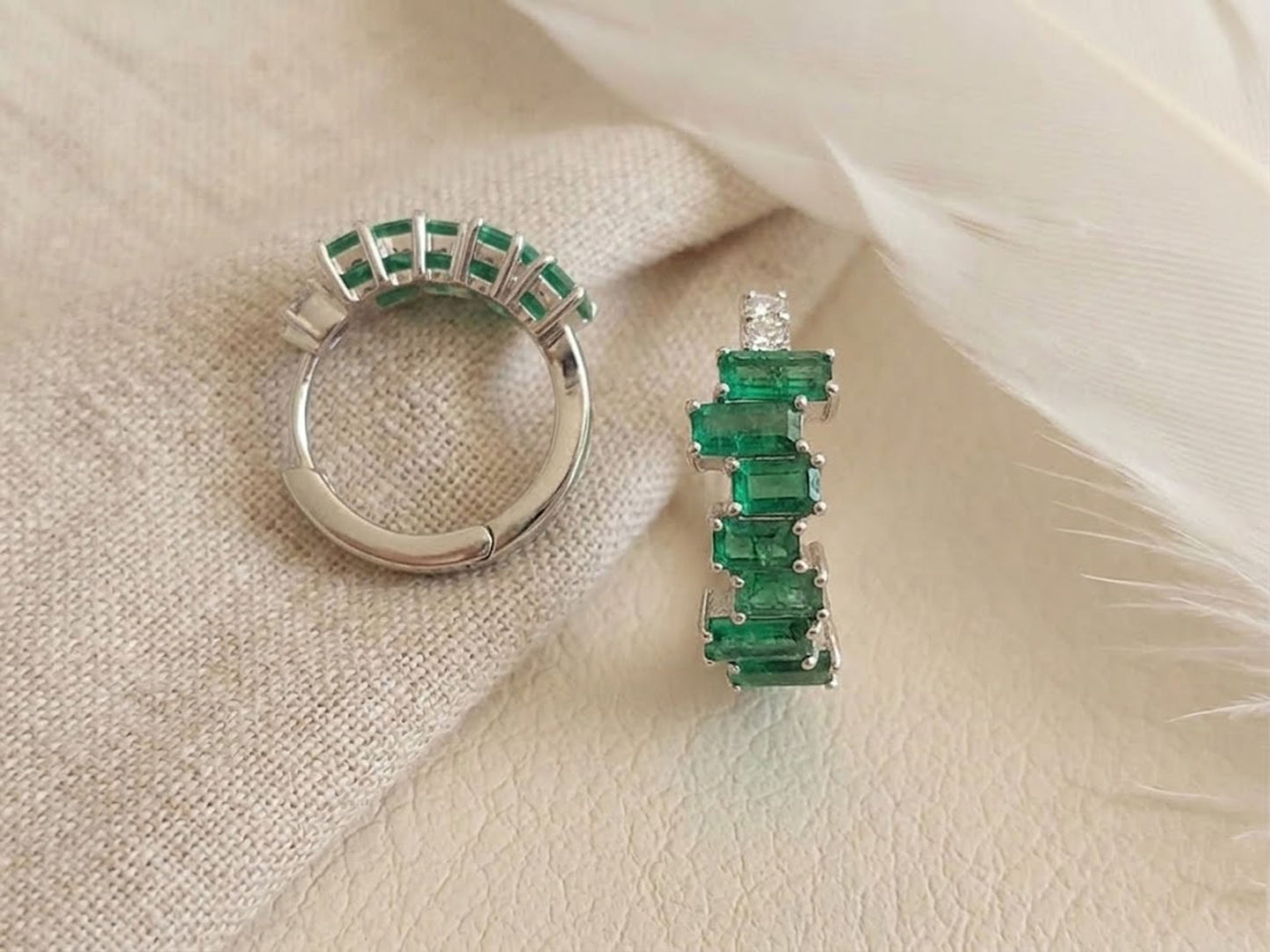 Emerald & Moissanite Baguette Hoop Earrings – Green Gemstone Huggies for Women