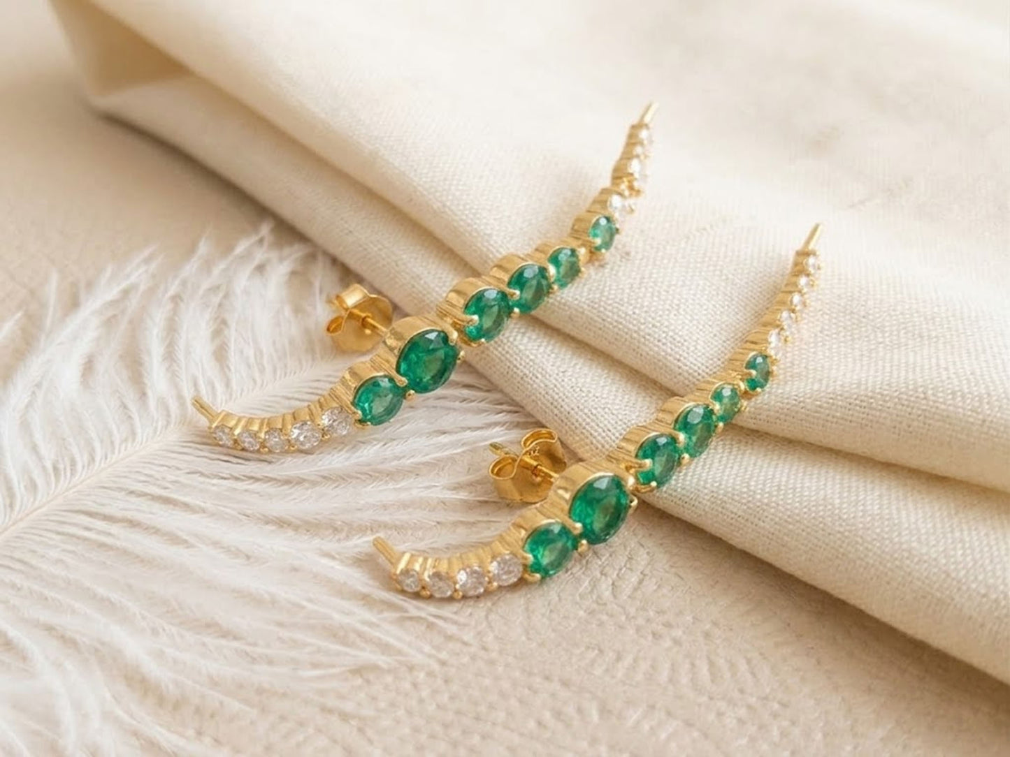 Green Emerald Ear Climbers with Moissanite – Elegant Gemstone Crawler Earrings