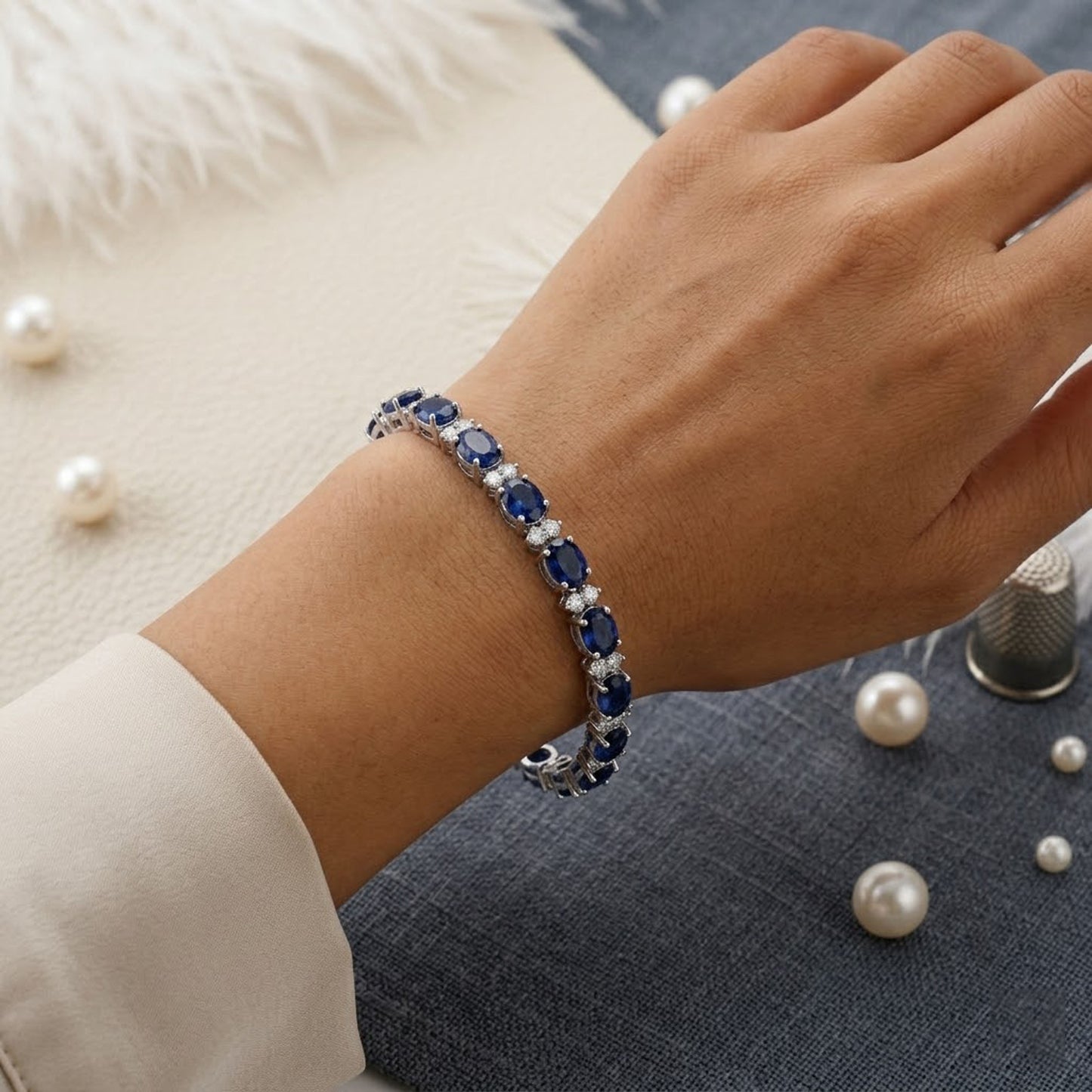 Natural Blue Sapphire & Moissanite Tennis Bracelet – Oval Gemstone Jewelry for Women