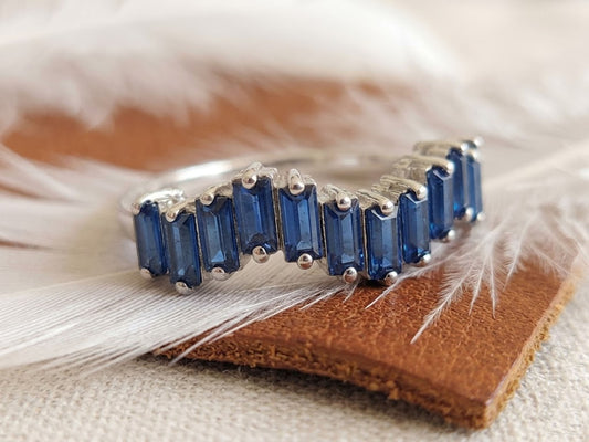 Blue Sapphire Baguette Half Eternity Ring – Curved Chevron Gemstone Band for Women