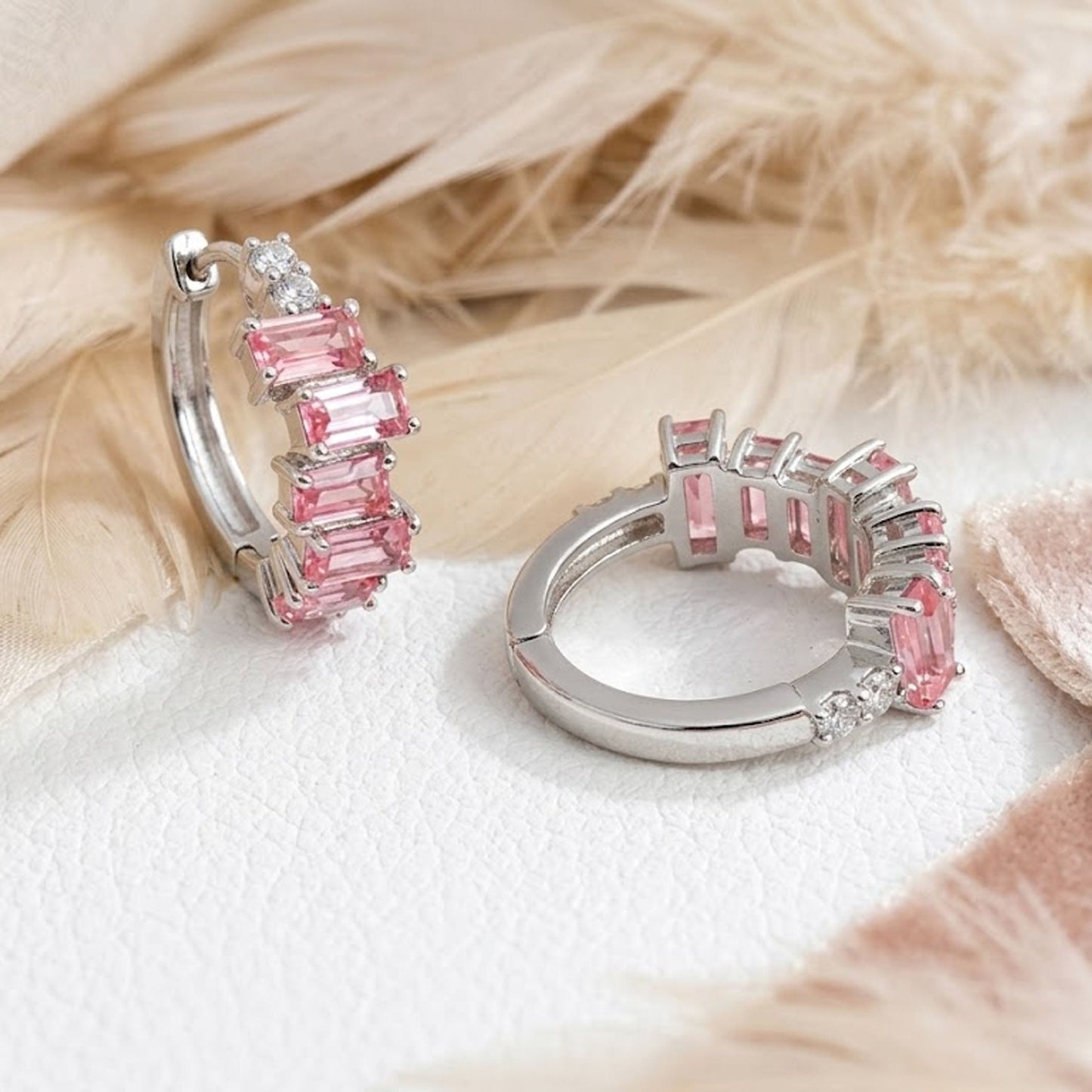 Pink Topaz & Moissanite Baguette Hoop Earrings – Graduated Gemstone Huggies for Women