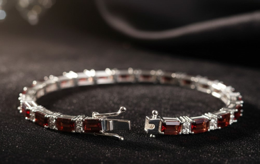 Garnet & Moissanite Tennis Bracelet in Sterling Silver