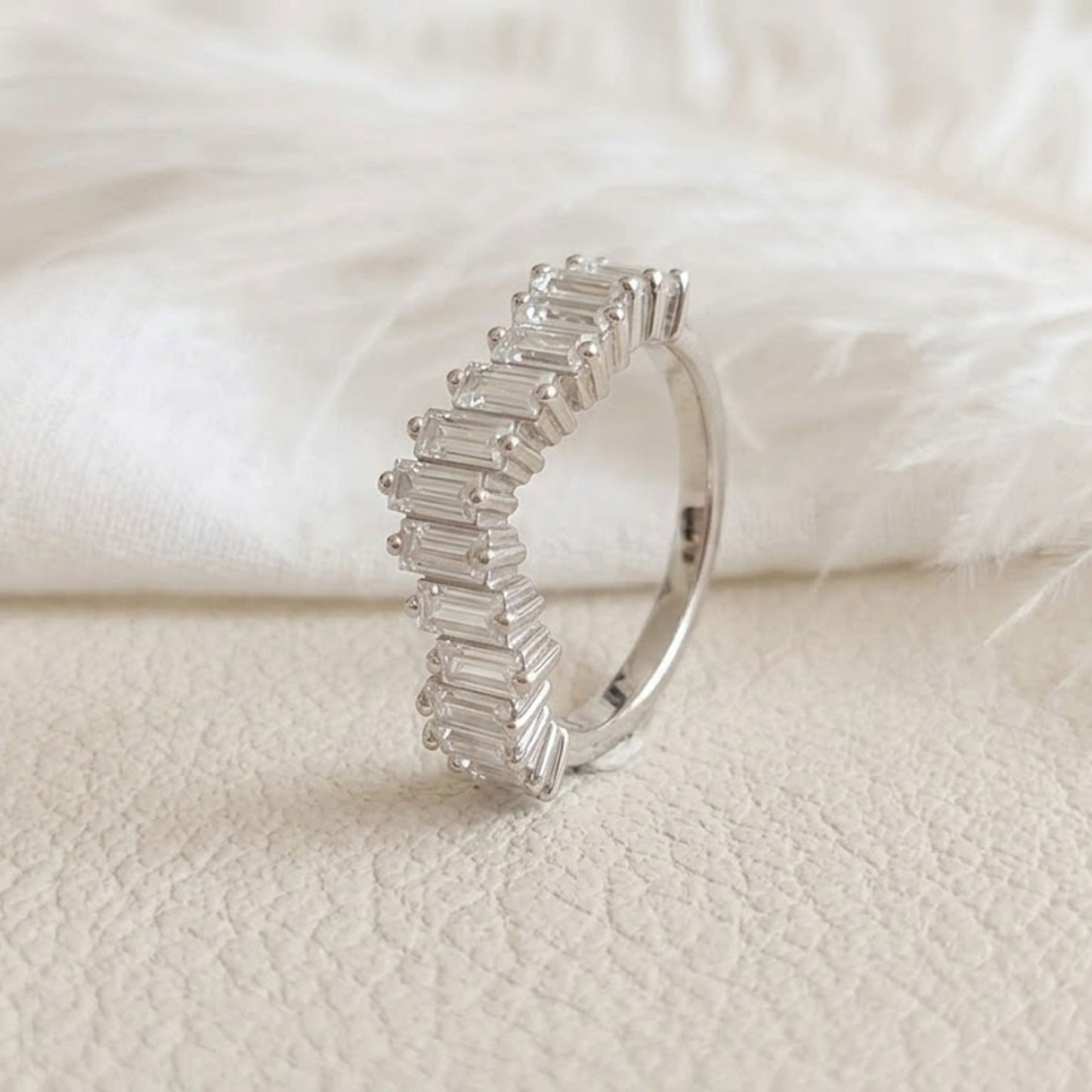 Baguette Moissanite Curved Wedding Band – Chevron Stacking Ring for Women