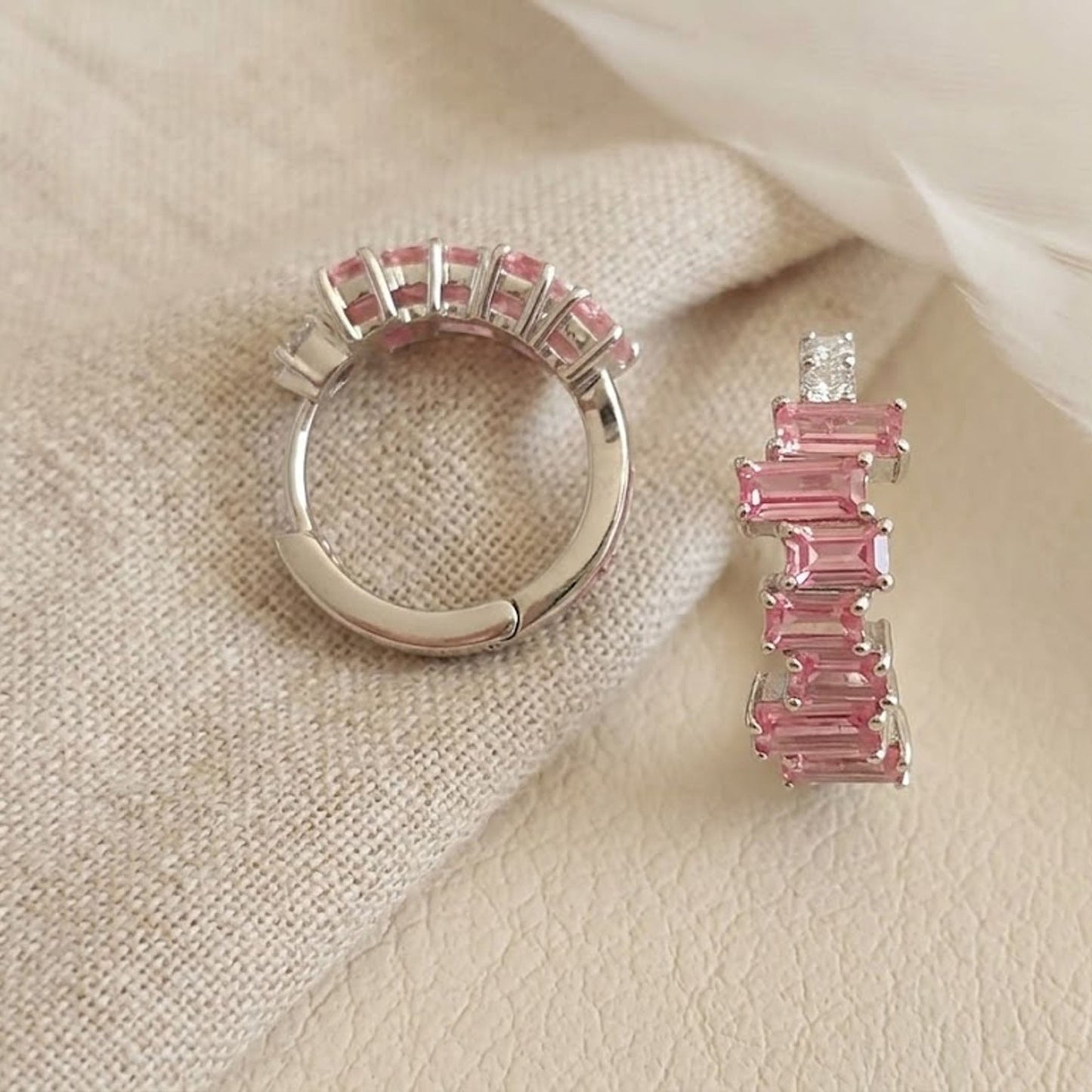 Pink Topaz & Moissanite Baguette Hoop Earrings – Graduated Gemstone Huggies for Women