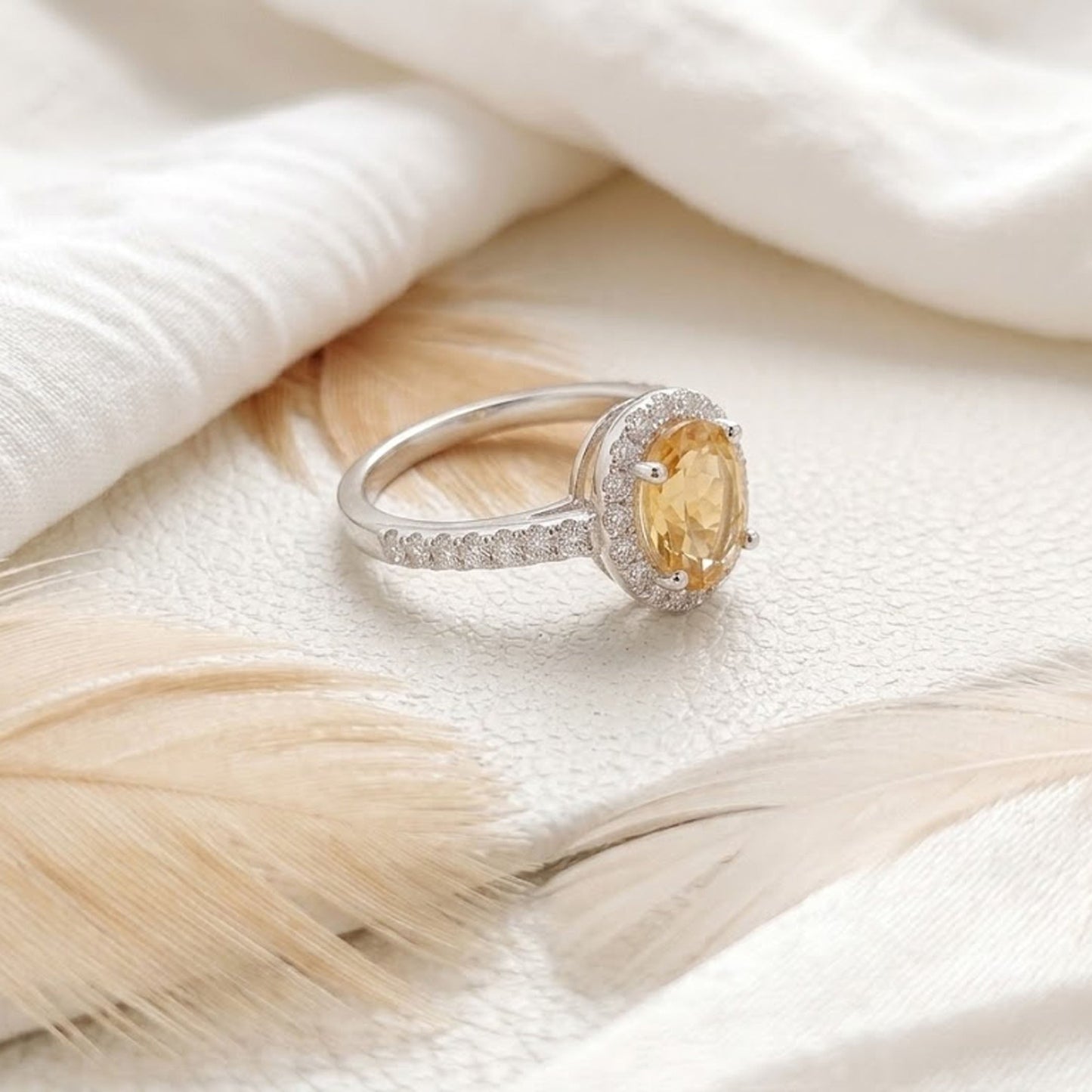 Citrine Halo Engagement Ring – Oval Cut Golden Gemstone Ring for Women