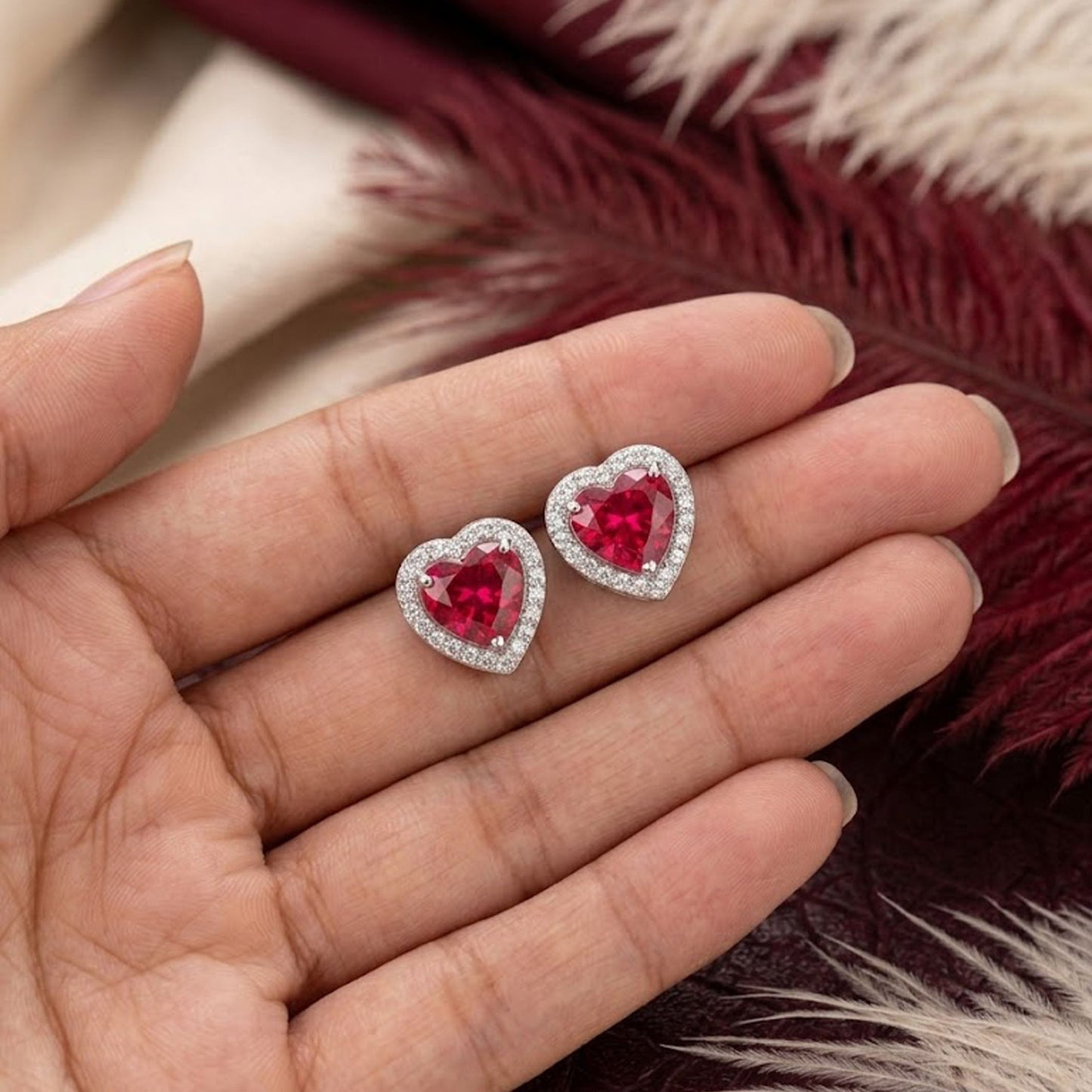 Natural Red Garnet & Moissanite Heart Halo Stud Earrings – Romantic Gemstone Jewelry for Women