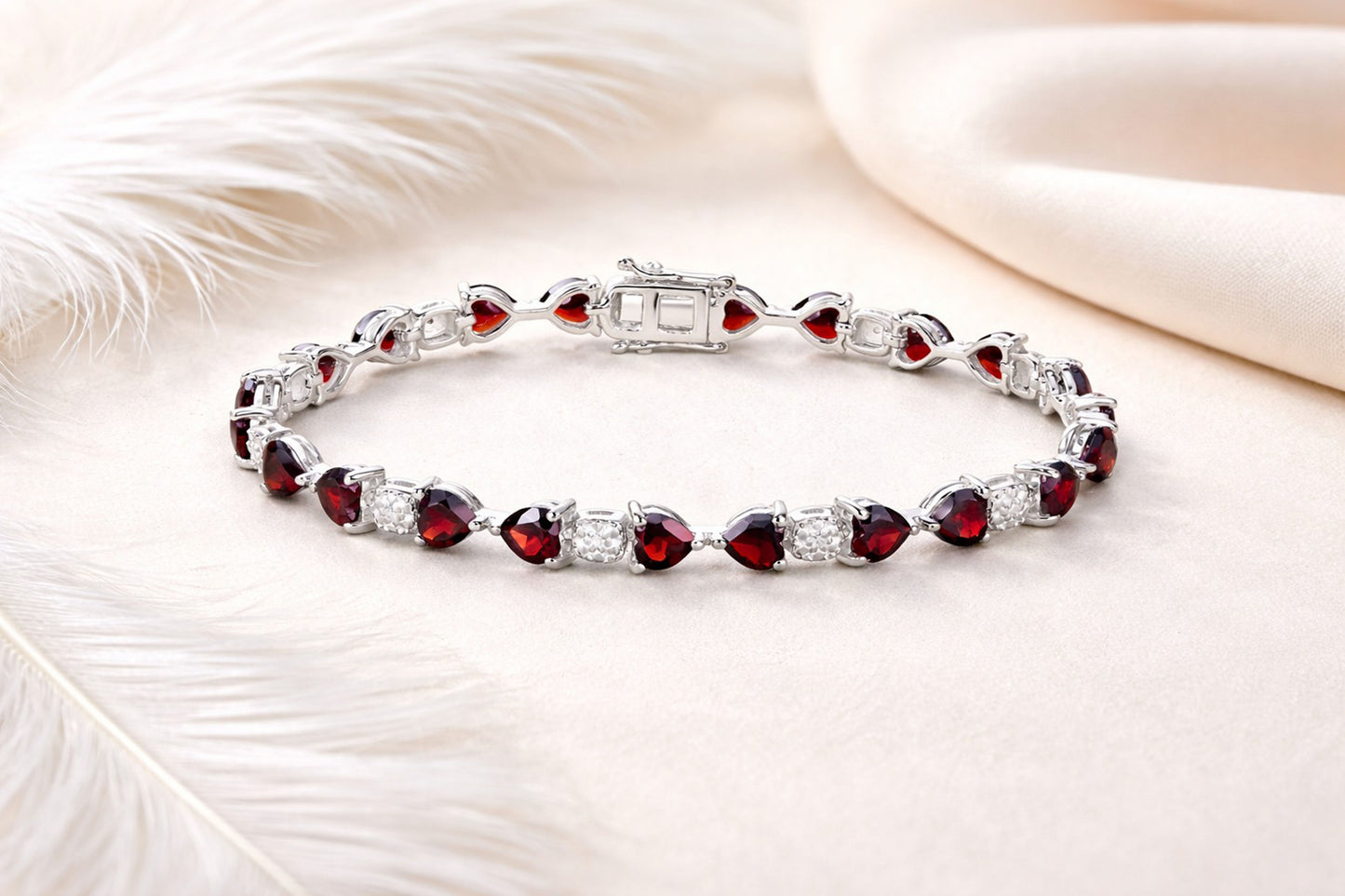 Romantic Garnet & Moissanite Heart Tennis Bracelet – Handmade Gemstone Jewelry