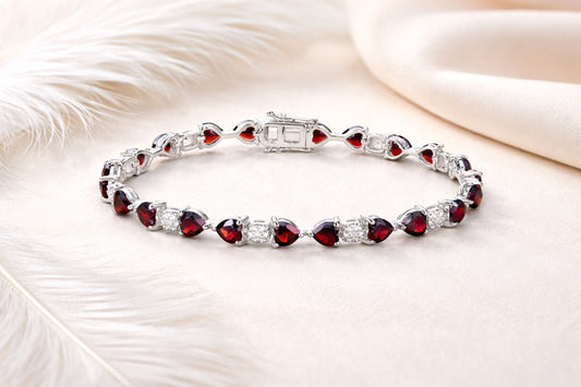 Romantic Garnet & Moissanite Heart Tennis Bracelet – Handmade Gemstone Jewelry